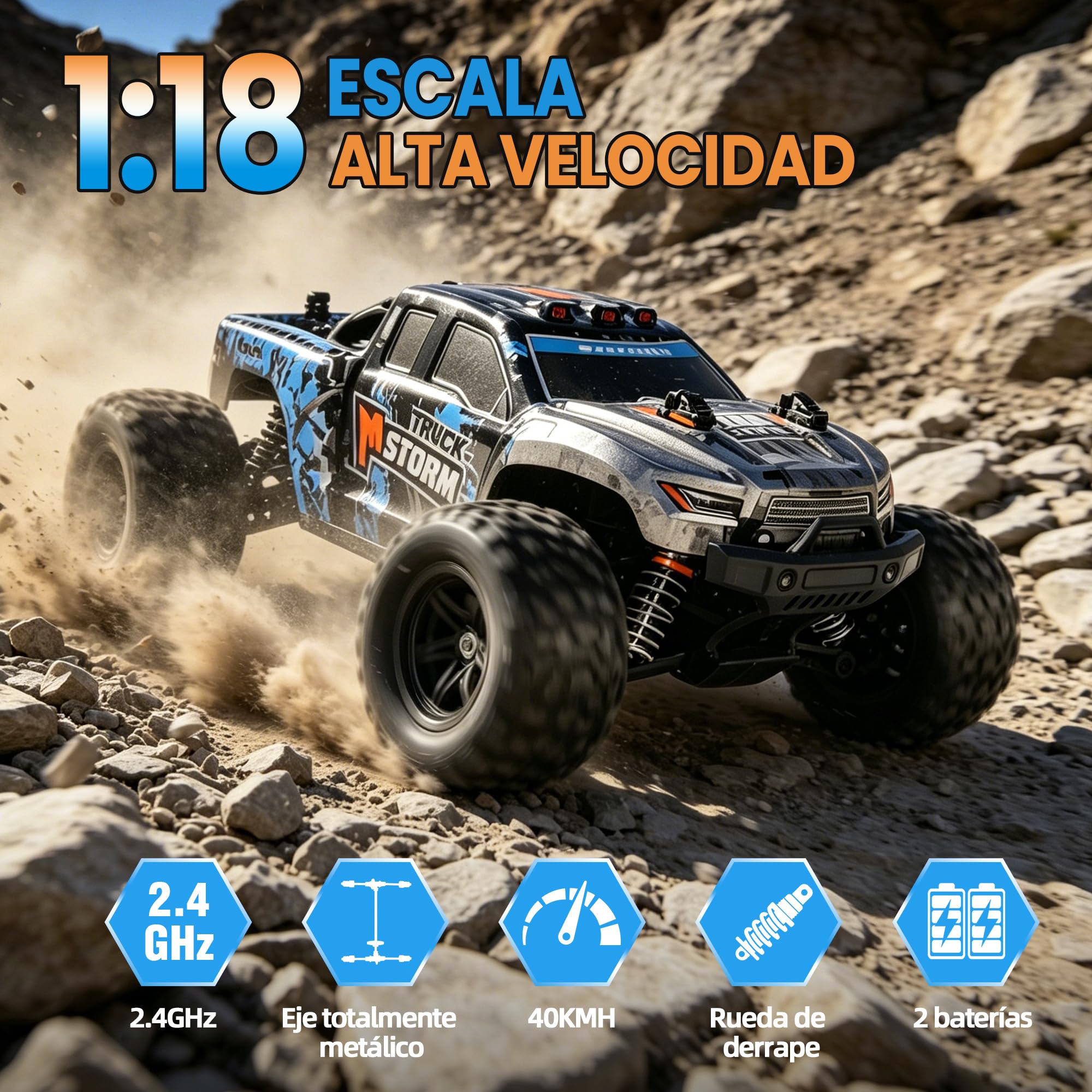 Coche teledirigido – 1:18 Rc Auto 40 KMH de alta velocidad 4WD 2,4 GHz camión de control remoto todoterreno con dos baterías recargables para adultos y niños – Azul