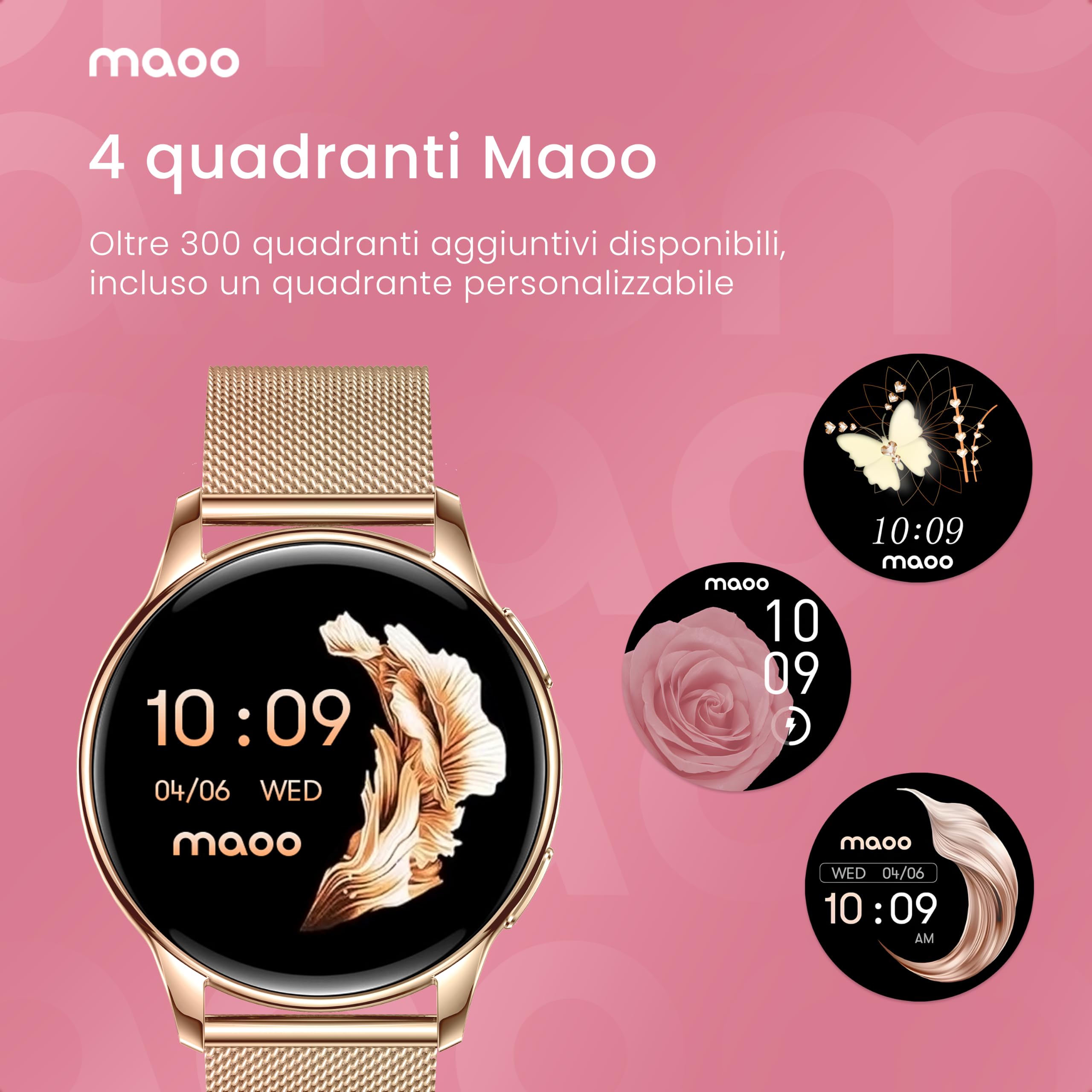 Maoo Ventura Smartwatch Donna con Chiamate, Display AMOLED 1,32”, Cardiofrequenzimetro, SpO₂, Pressione Sanguigna, 100+ Modalità Sportive, IP67, 5 Cinturini, Oro Rosa
