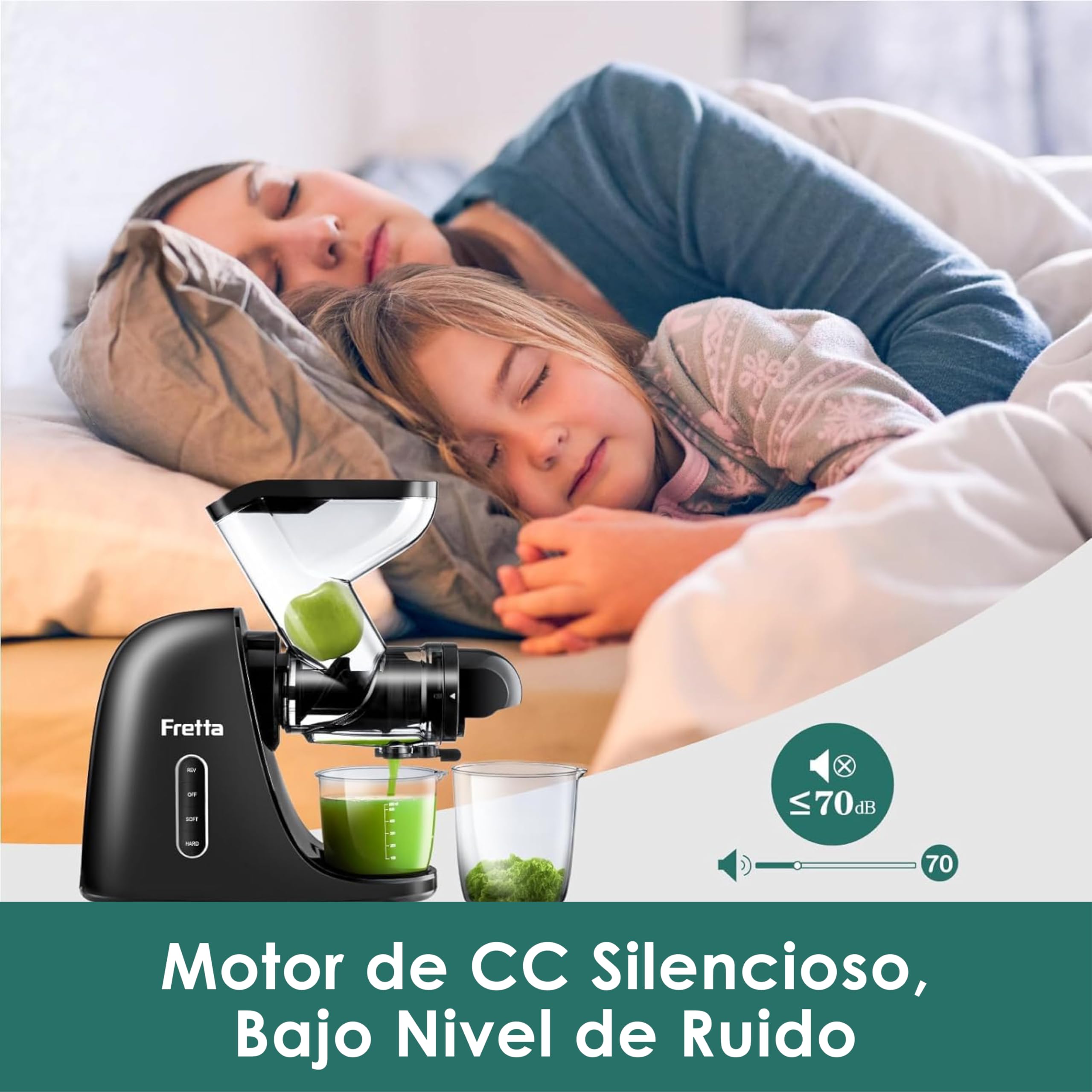 Fretta Extractor de zumos y verduras-Licuadora prensado en frío-Cold press slow juicer machine-El gran canal de alimentación ahorra tiempo y esfuerzo-100% libre de BPA y fácil de limpiar