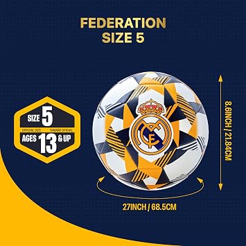 كرة قدم مرخصة رسميًا من Icon Sports لنادي ريال مدريد لكرة القدم - RM90BL باللون الأبيض مقاس 5