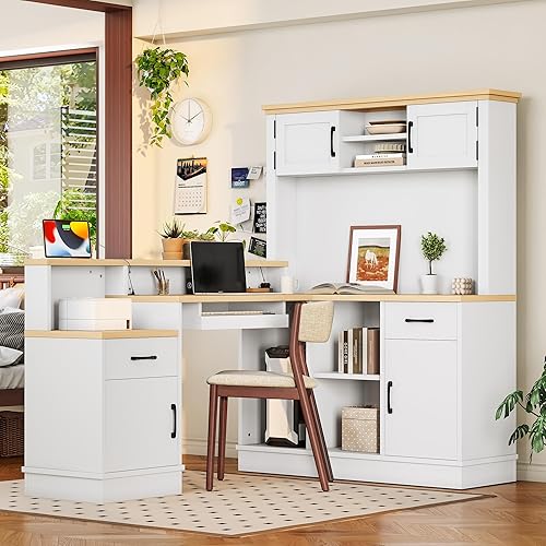 Merax Home Office Desk with Drawers and Bookshelf,L-Shaped Computer Desk, Modern Corner Study Table Writing Desk with Storage Bookcase,White