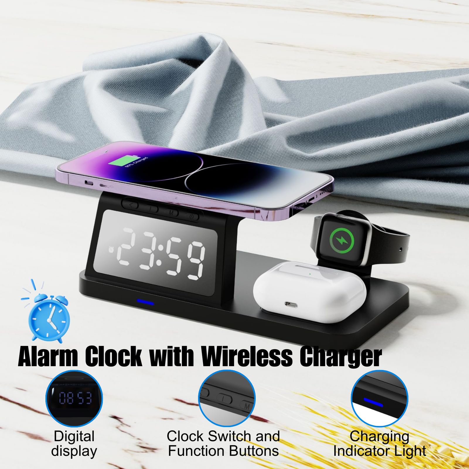 Caricabatterie Wireless Stazione di Ricarica Induttiva 3 in 1 Sveglia per Telefoni Cellulari Smartwatch Cuffie, Caricabatterie Wireless Compatibile con Potenza in Uscita 15W