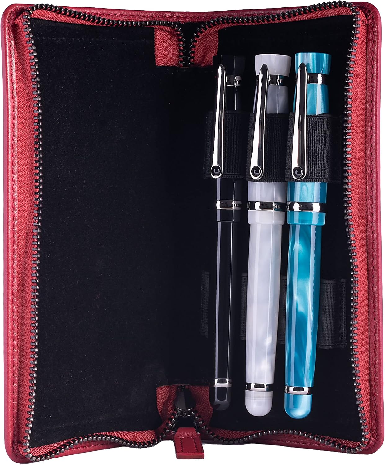 DiLoro Leather Zippered Triple or Quad Pen Case Pencil Pouch Holder for Three or Four Fountain Ballpoint Rollerball Pens or Glasses (Nappa Red)