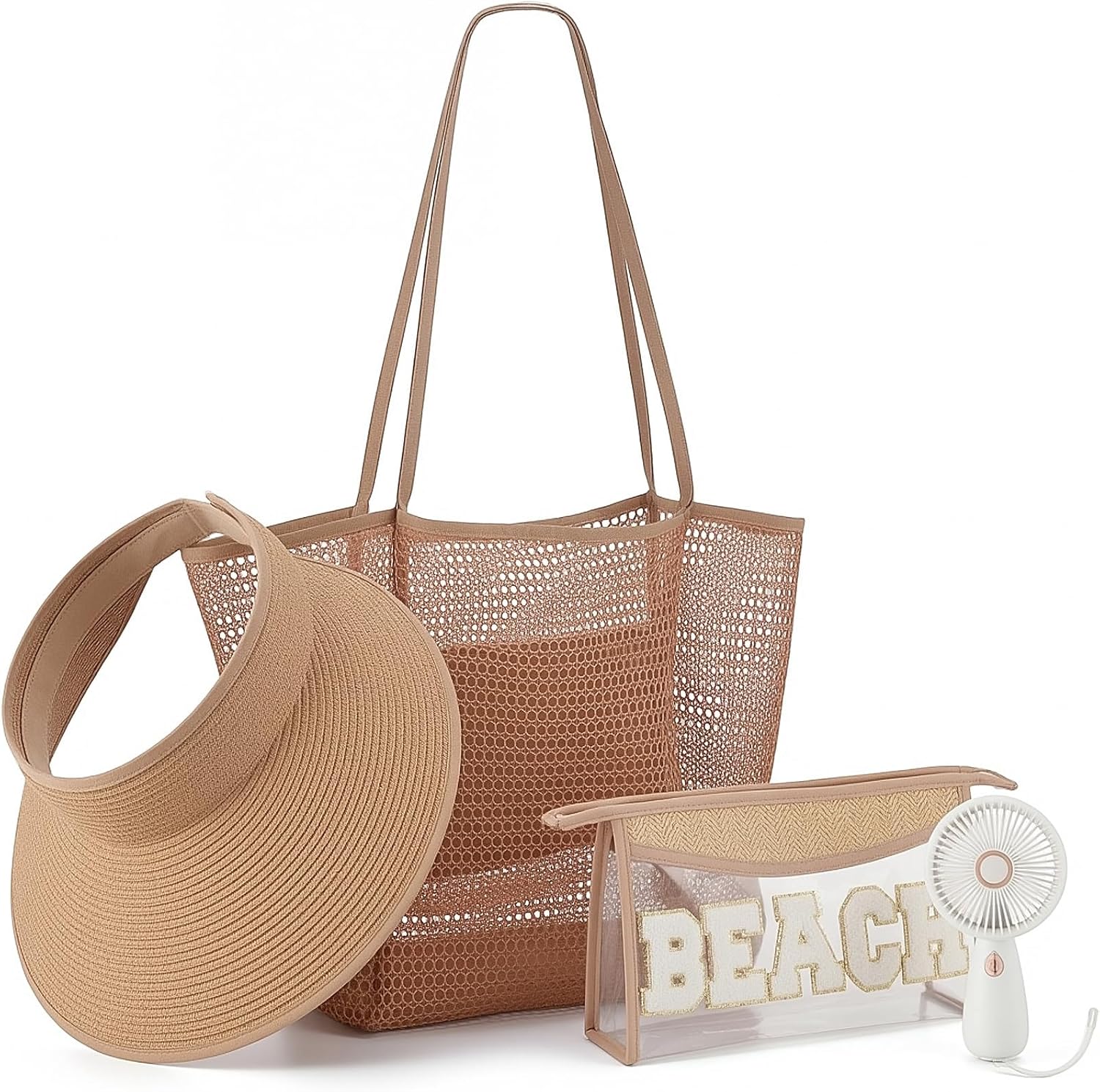 Hsei 4 Pcs Beach Gifts Set for Women Beach Tote Bag, Sun Hats, Makeup Bags, Handheld Fan Beaches Essentials for Summer Travel