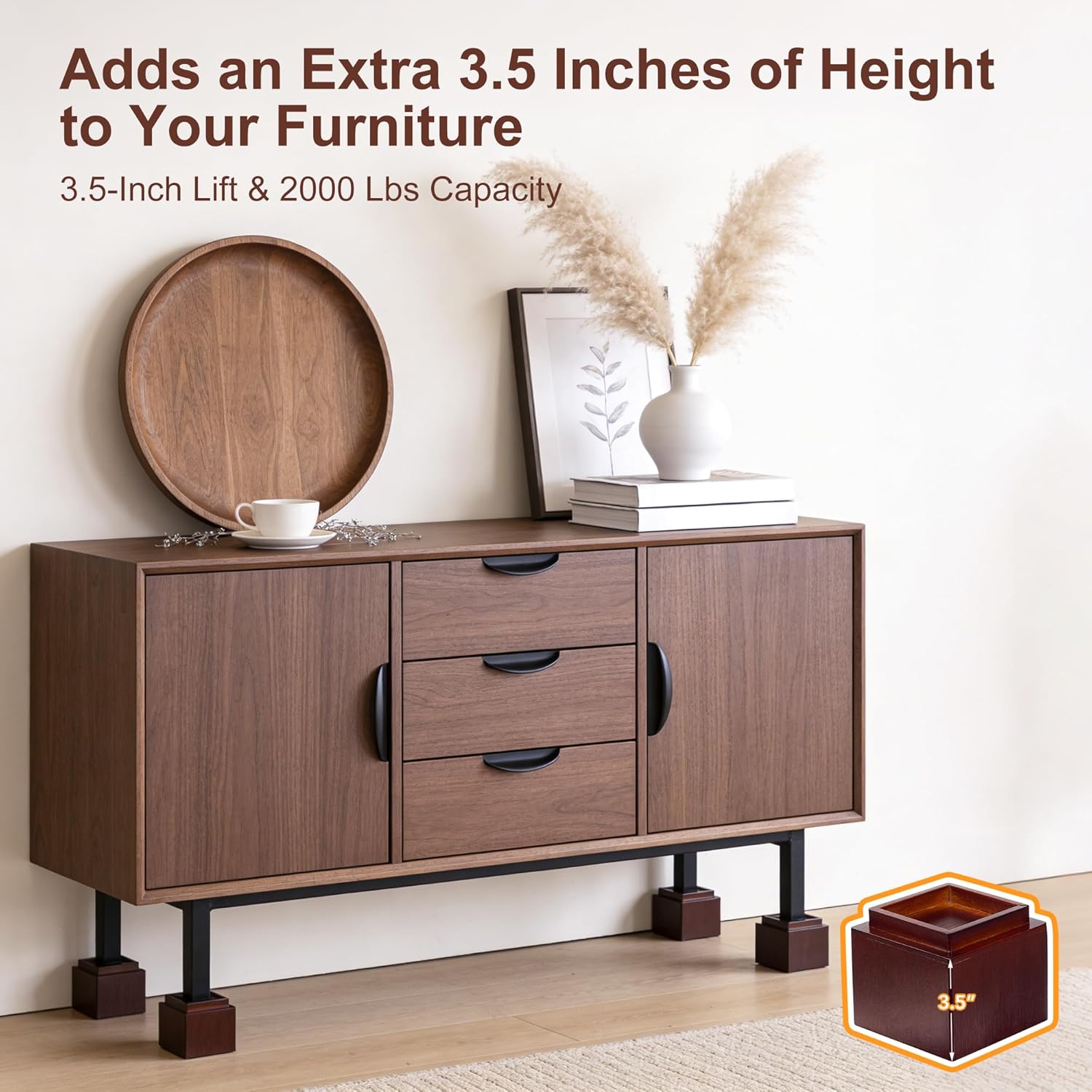 4 Inch Bamboo Bed Risers, 2000 LBS Heavy Duty Furniture Leg Risers with Anti-Fall Edge, Height Extenders Support Blocks for Bed Sofa Desk Table, 4-Pack Brown
