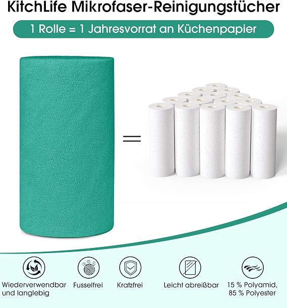 KitchLife Microfibre Cleaning Cloths 100 Pieces per Roll Tear-Off Cleaning Cloths Reusable Lint-Free Cloths for Kitchen Home and Car Emerald Green