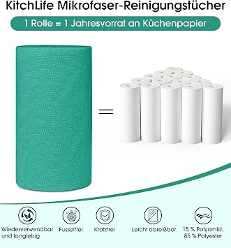 KitchLife Microfibre Cleaning Cloths 100 Pieces per Roll Tear-Off Cleaning Cloths Reusable Lint-Free Cloths for Kitchen Home and Car Emerald Green