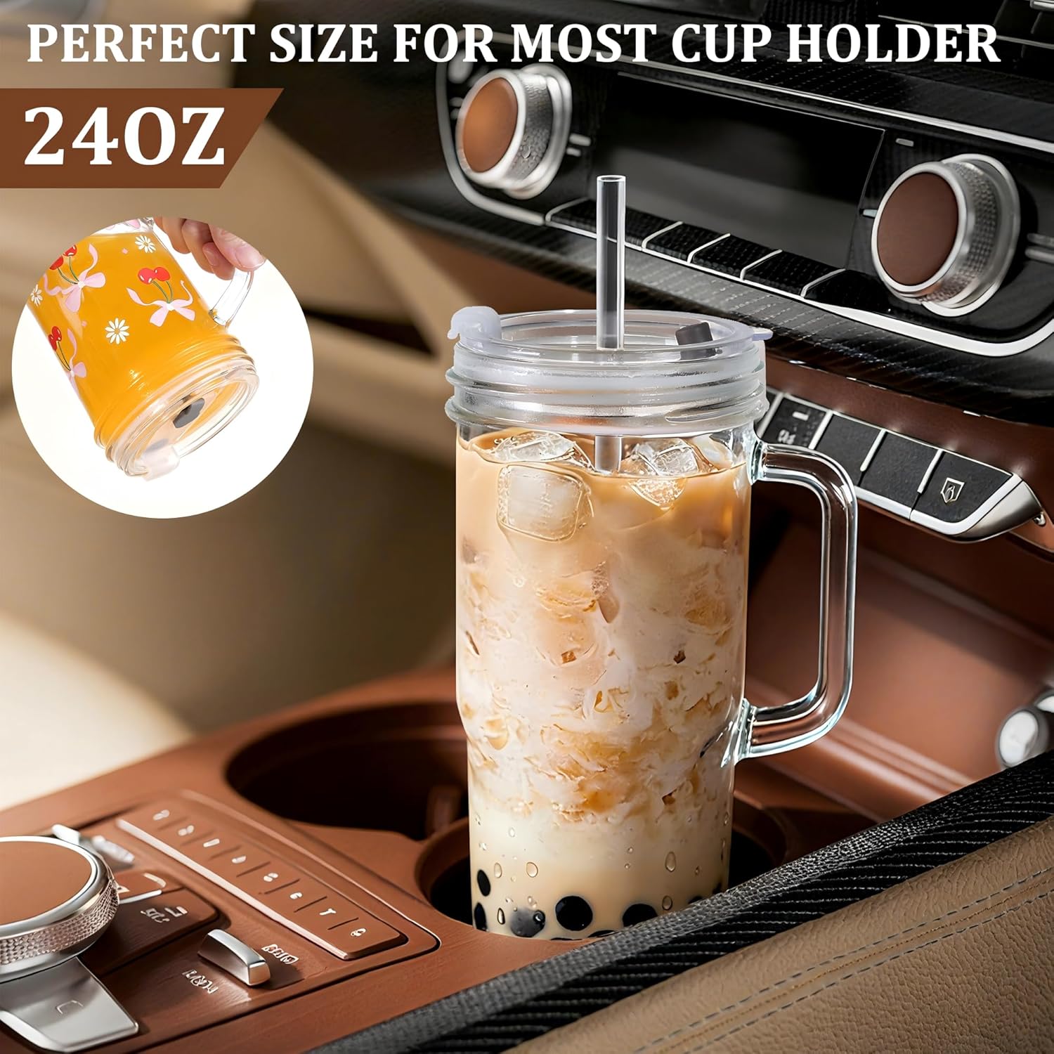 Birity 24oz Pink Bow Glass Cups with Lids and Straws,2 Set Glass Tumbler with Handle,Galss Cup with Stickers and Aesthetic Iced Coffee Cup for Smoothies,Tea,Juice,Boba,Christmas Gifts for Women - Image 7