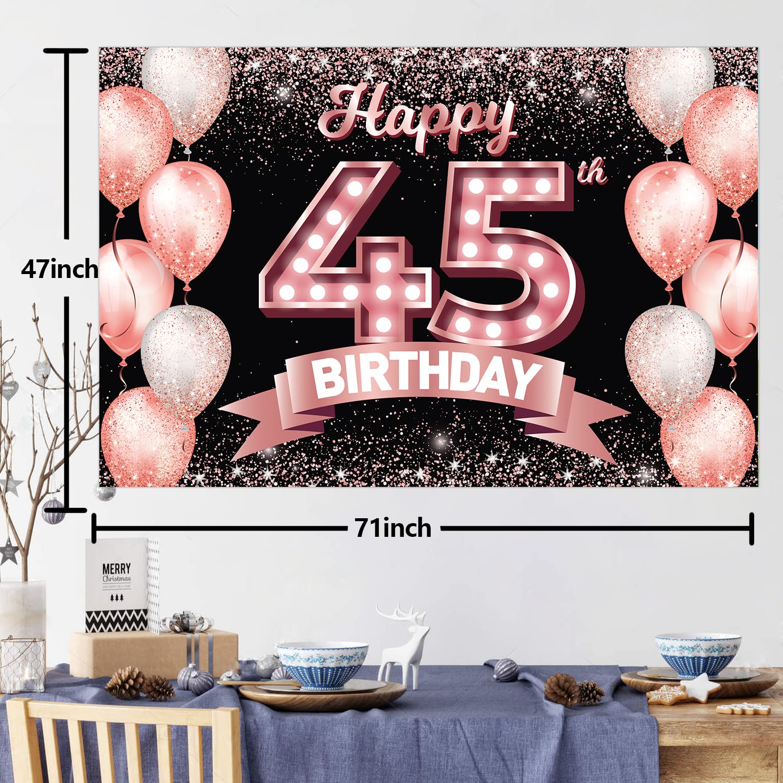 Happy 45th Birthday Rose Gold Banner Backdrop Cheers to 45 Years Old Confetti Balloons Theme Decor Decorations for Women 45 Years Old Pink Birthday Party Bday Supplies Background Favors Gift Glitter