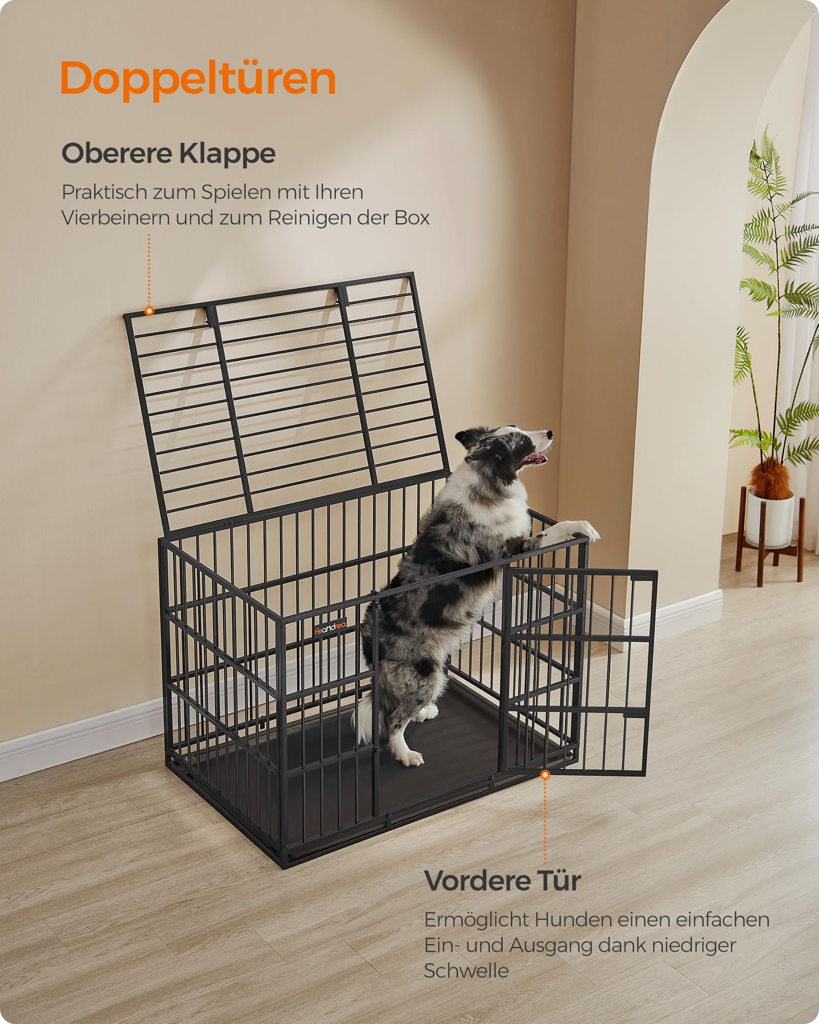 Feandrea Hundekäfig hochbelastbar, Hundebox, 107 x 70 x 75 cm, für mittelgroße und große Hunde, mit herausnehmbarer Bodenschale, Doppeltüren, leicht zu reinigen, Haustierkäfig, tintenschwarz PPD005B01