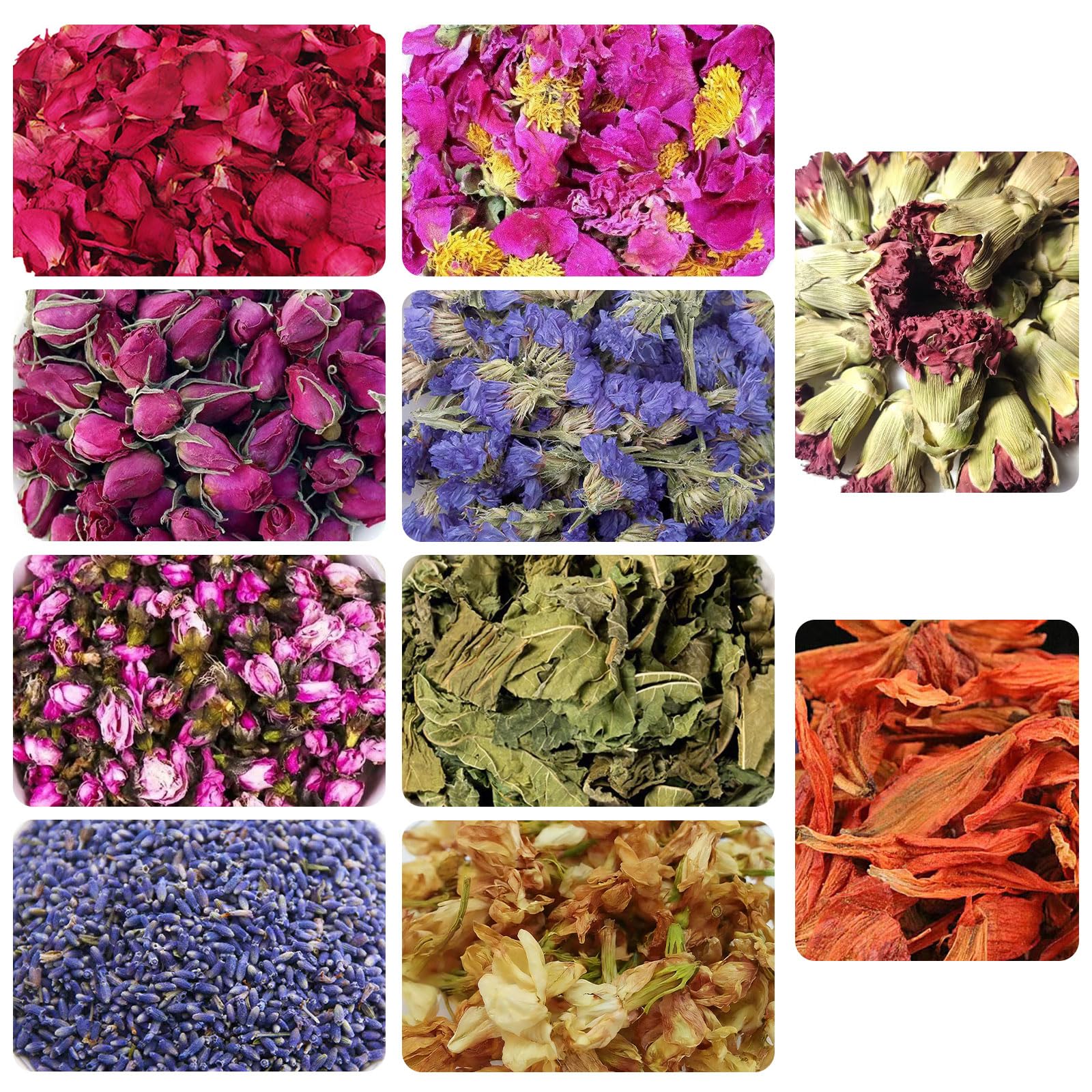 Dried Flowers and Herbs Kit - 10 Bags Natural Petals for Bath Bombs, Soap Making, Candles, Resin Crafts (Lavender, Rose, Chamomile, Jasmine, Mint, Carnation, Lily, Peony, Myosotis, Peach Blossom)
