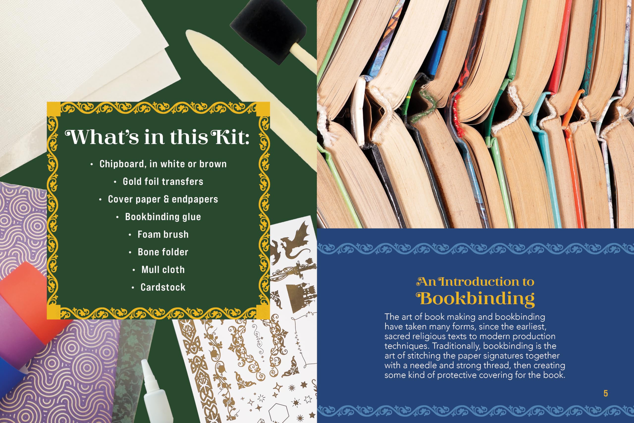 Bookbinding Kit: Transform Your Favorite Book into a Deluxe Edition - Includes: Chipboard, Cover Paper, Decorative Endpapers, Bone Folder, Gold Transfers, Bookbinding Glue, Foam Brush, Mull Cloth