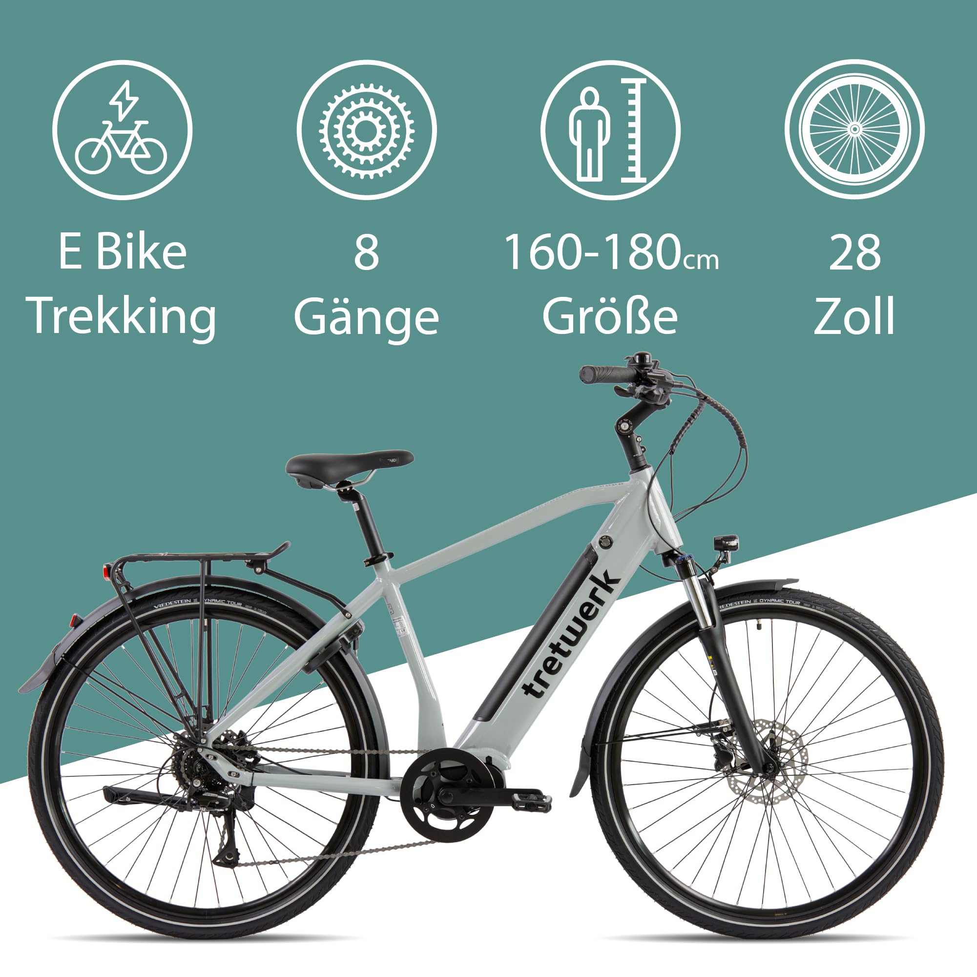 Tretwerk Sonic 28 Zoll Trekkingrad Herren Pedelec E Bike 8 Gang Fahrrad | grau 50 cm 160-180 cm Elektrofahrrad bis 130 km Trekking Fahrrad mit Federgabel