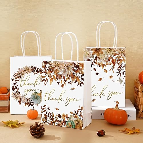 Miniatura 4 de AnyDesign 12 bolsas de regalo de agradecimiento de hojas de otoño con asa, bolsa de papel de hojas de arce de otoño, bolsa de regalo de otoño dorada