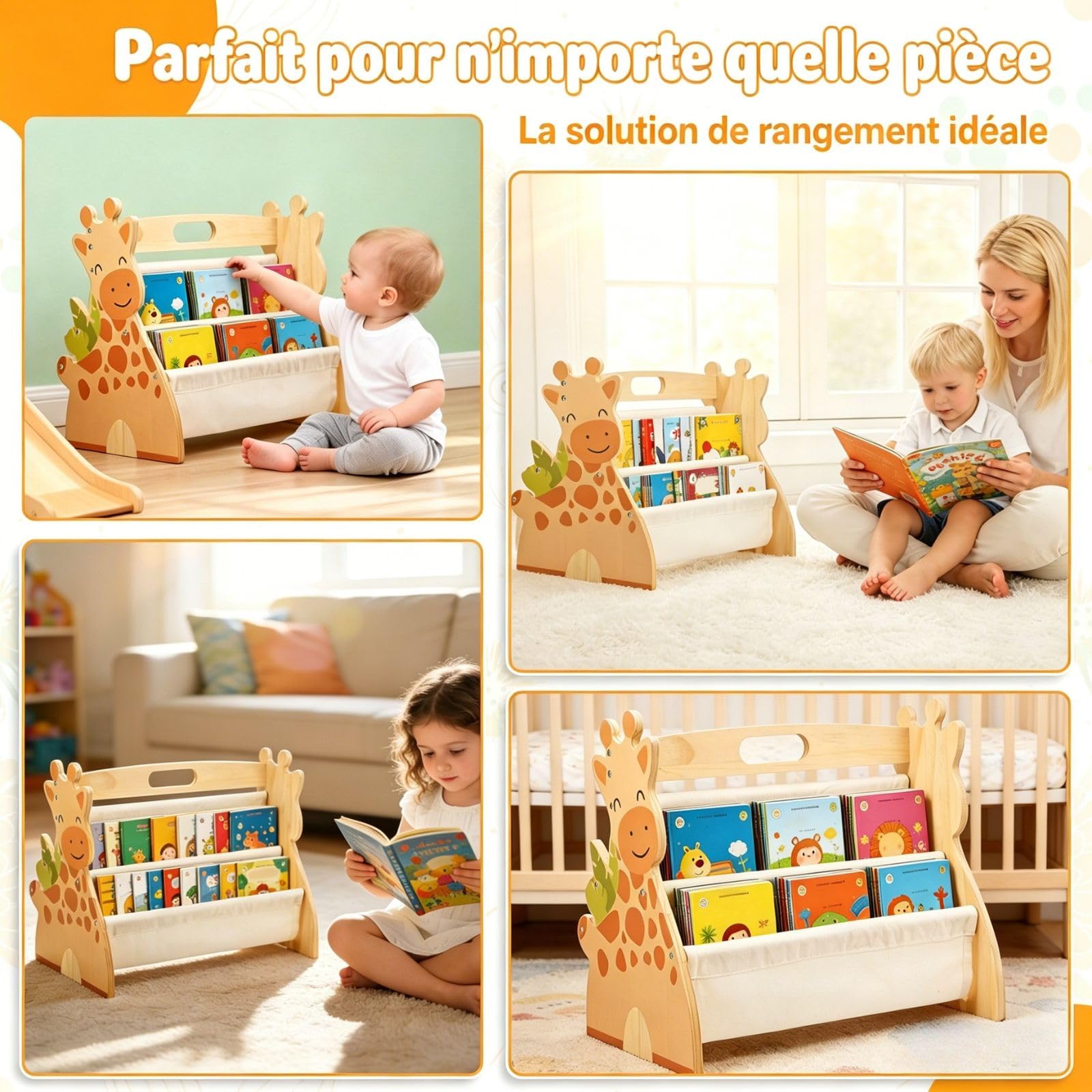 Bibliothèque Montessori Bois pour Enfant 43x34x28,3cm Bibliothèque Enfant Double Face Quatre Couches avec Poignée Rangement Livre Enfant 3-8 Ans Aménagement Open Bords Arrondis pour Chambres écoles