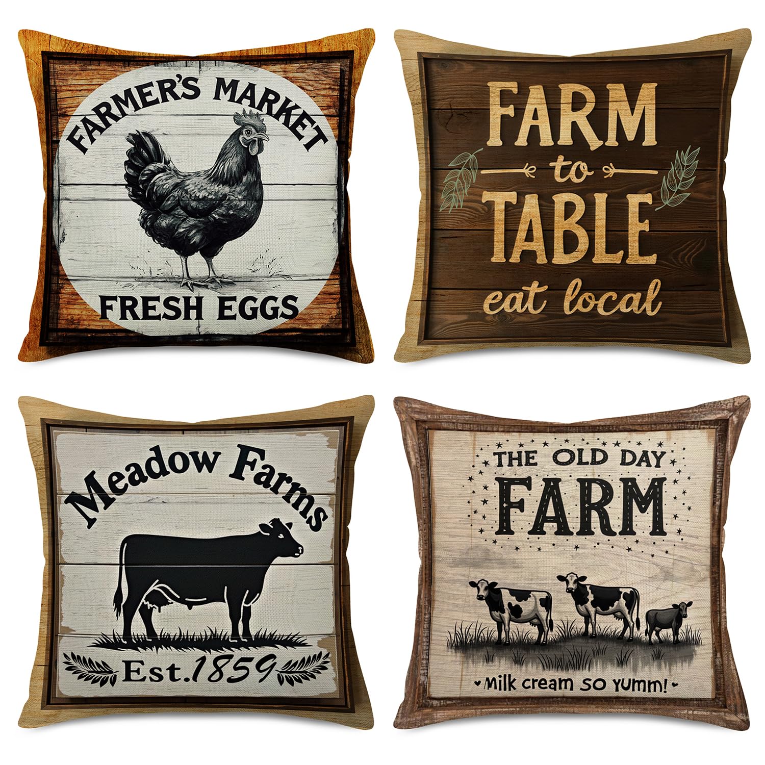 Xihomeli Farmhouse Pillow Covers 18x18 Inch Rustic Wood Grain with Cow Rooster Cotton Linen Farm Animal Pillow Case Wood Cushion Cover Sset of 4 Country Style Decor Sofa (Farm Animal Set)