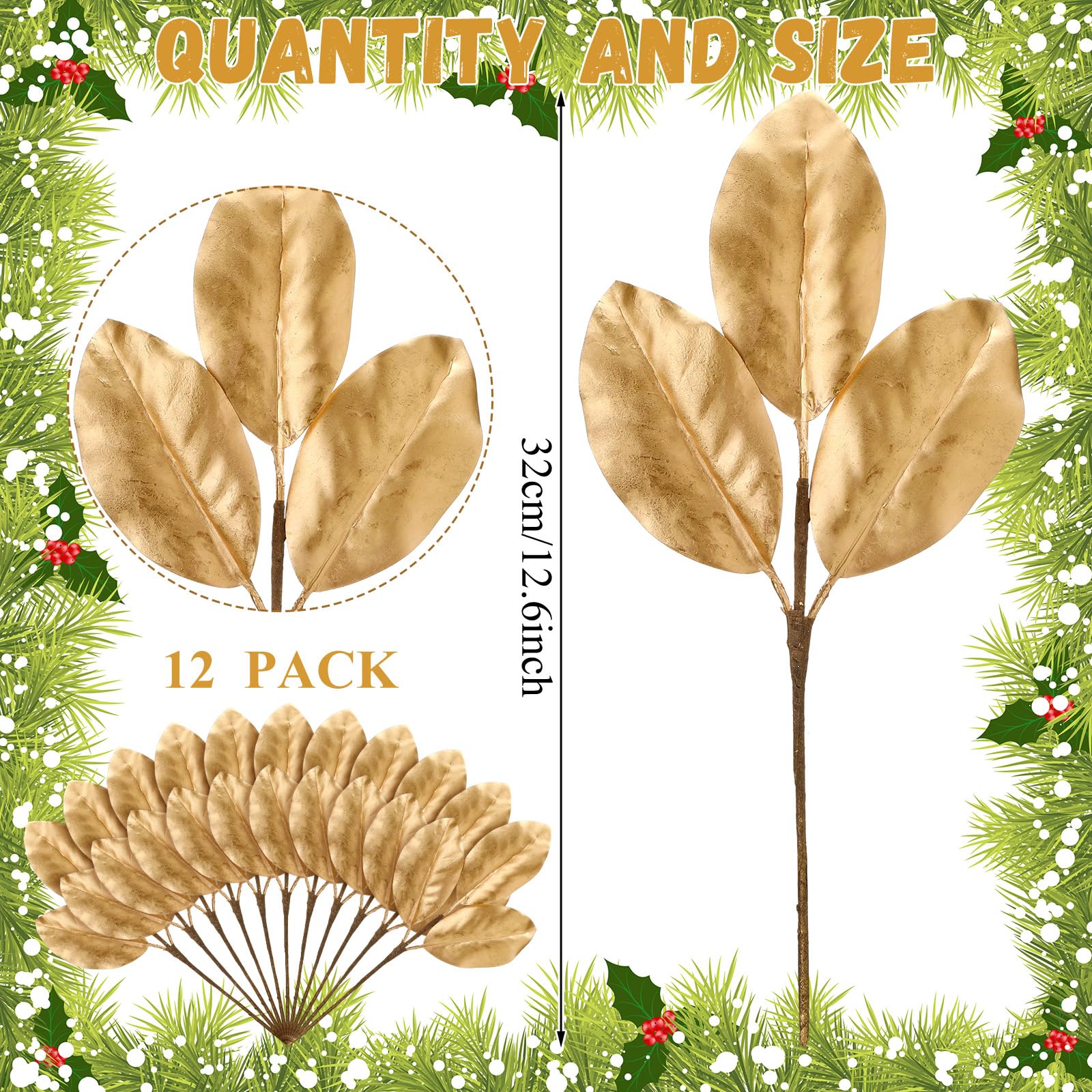 Thiccywoov 12 Stück 32,6 cm große Weihnachts-Magnolien-Plektren, künstliche Magnolien-Zweige, künstliche Weihnachts-Magnolienblätter, Picks für Vasen, Arrangement, Tischdekoration, Party, Weihnachten,
