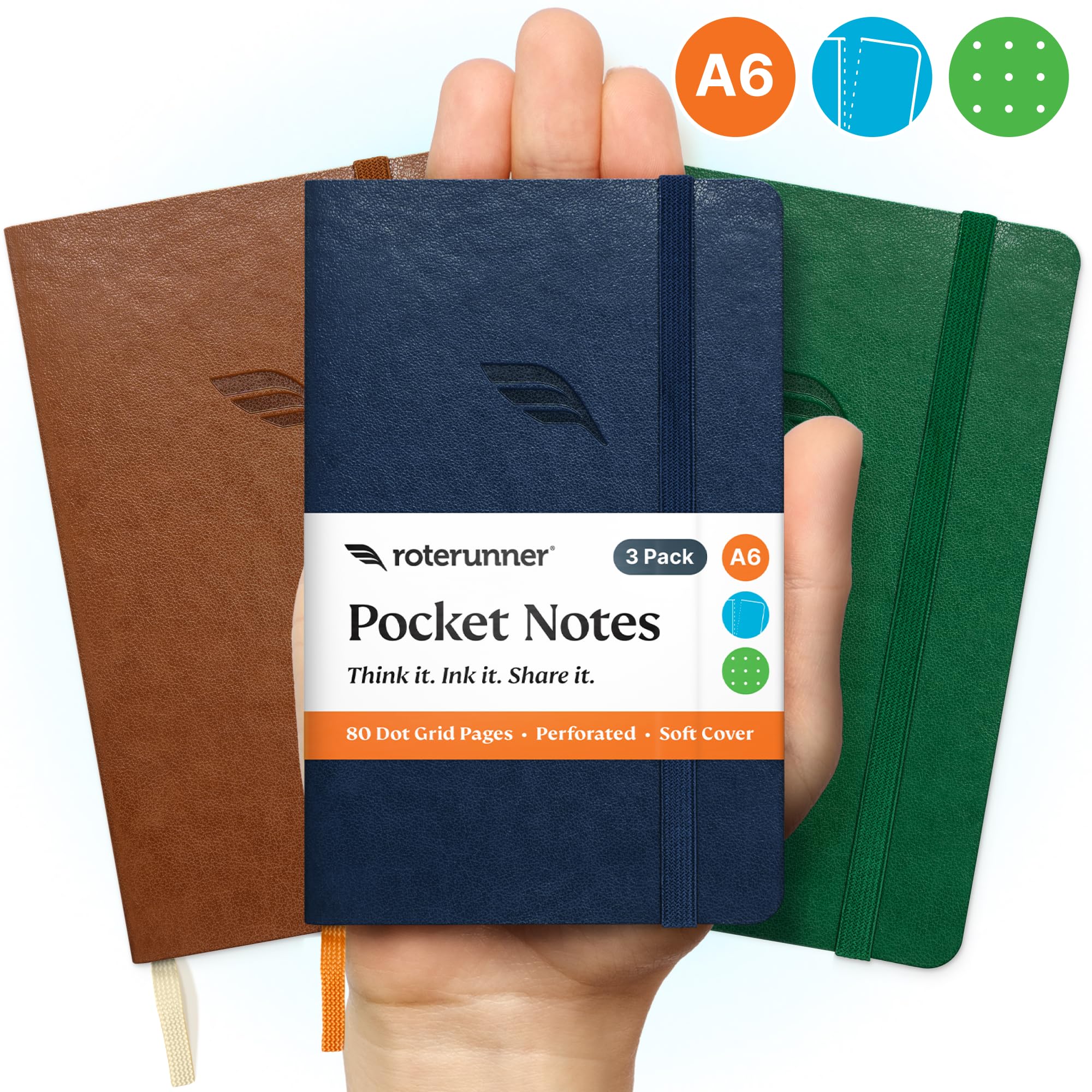 A6 Pocket Notebook (Bold Classic) 3 Pack 3.5x5.5 Dotted Mini Notebook Journal 100Gsm Perforated Paper, Work Gym Travel Journal Notebook, Leather Small Notebook Numbered with Notes Index