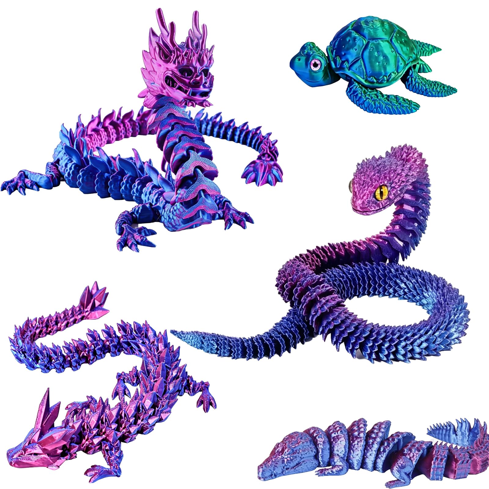 5 PCS SET Articulated Animal Models, 3D Printed Fidget Toy, Laser Purple Collection，Laser Purple Holographic Models, Articulated Jaw Movement,Collector Set for Adults and Children