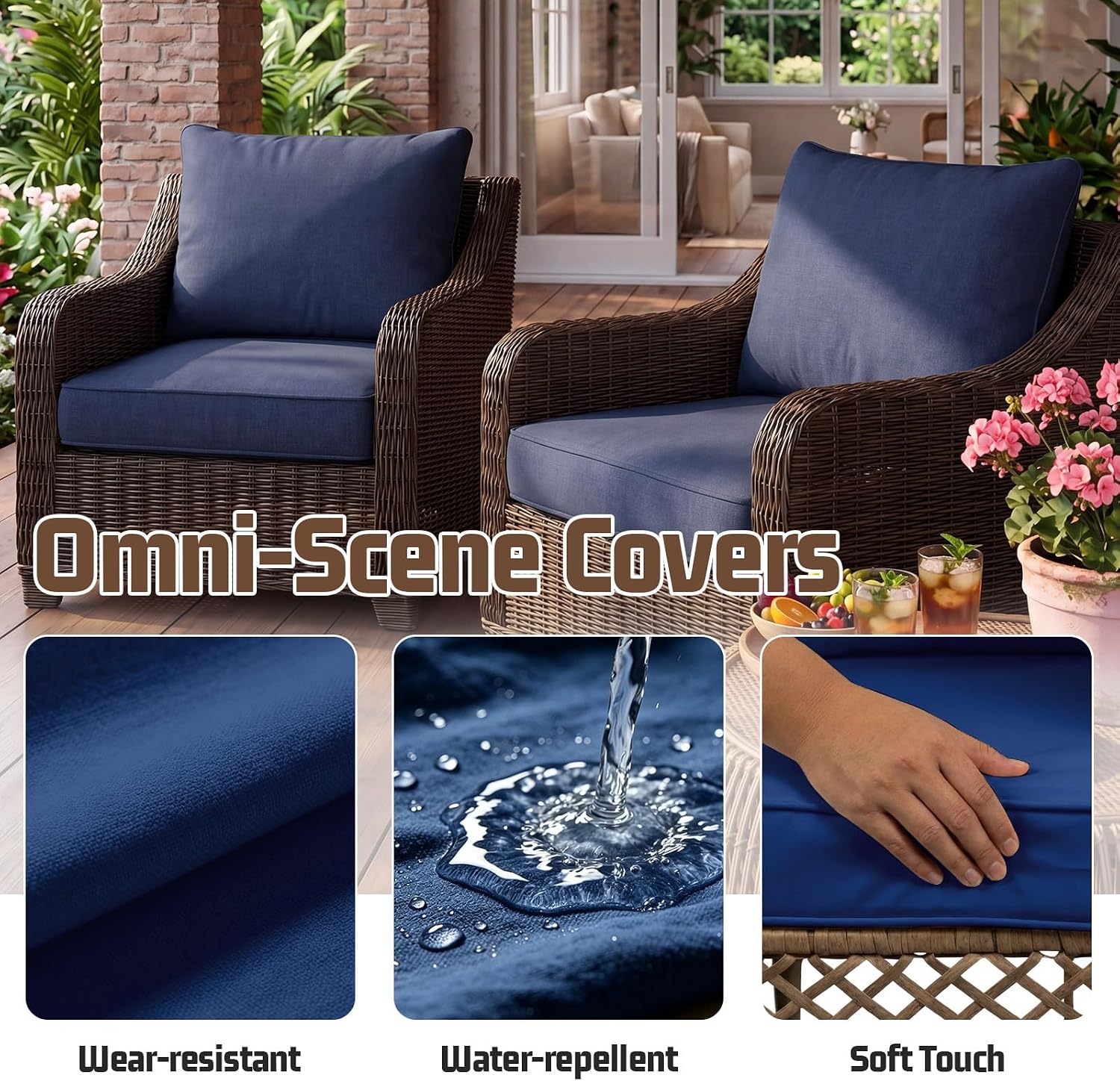 4pcs Outdoor Patio Cushion Covers Replacement, 24" Zippered Outdoor Cushion Covers Waterproof, UV Resistant & Washable Patio Furniture Cushion Covers Waterproof for Patio Sectional, Navy Blue