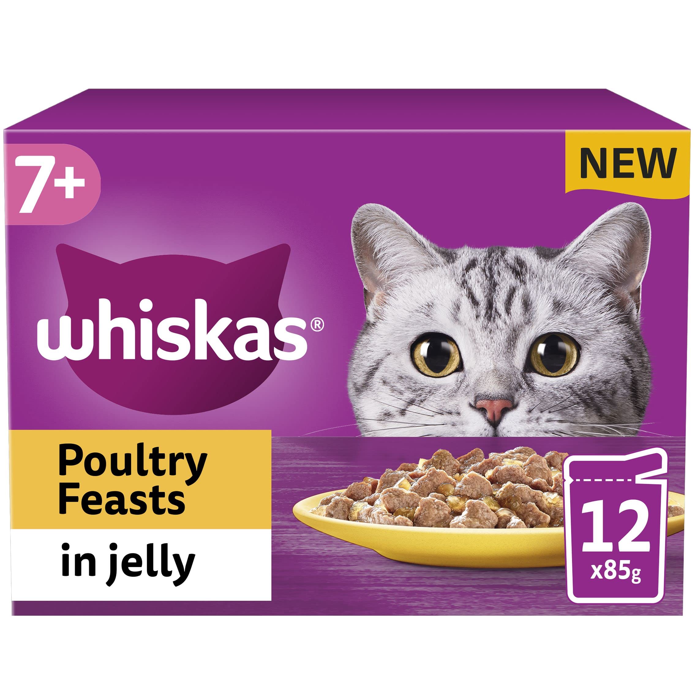 whiskas7+ Senior Wet Cat Food Pouches - 12 x 85g - Poultry - Bulk Cat Food - 12 Pouches