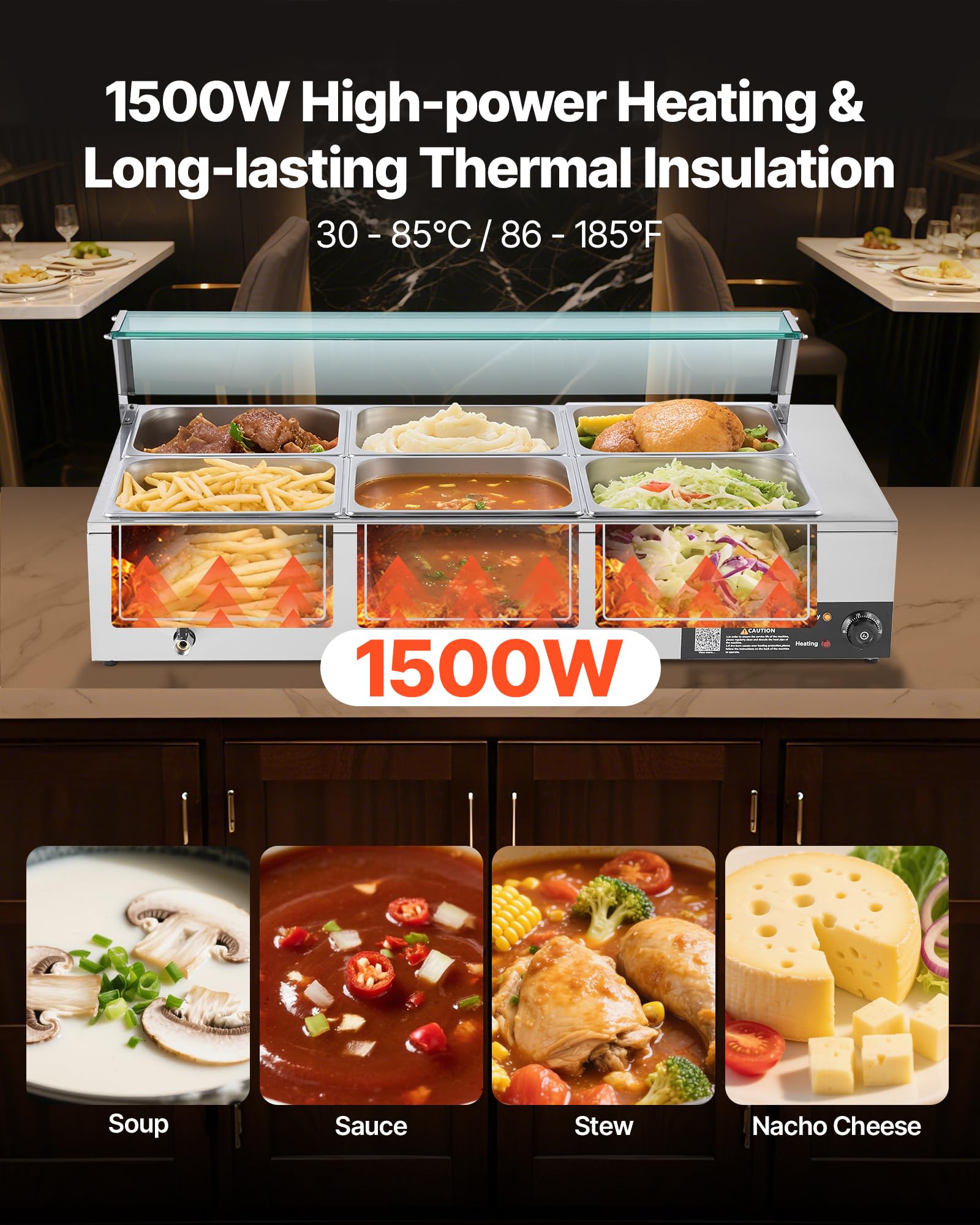 VEVOR Scaldavivande Commerciale, Scaldavivande Elettrico in Acciaio Inox da 1500 W con Coperchio in Vetro, Bagnomaria da Banco a 6 Teglie di 1/2, con Riscaldamento Rapido e Mestoli Forati