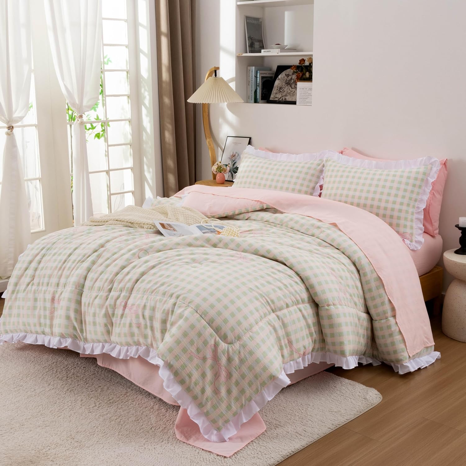 Btargot Twin Pink Green Plaid Comforter Set for Girls Kids, 5 Pieces Bow Ruffle Bedding Set, Bed in a Bag with Comforter, Sheets and Pillowcases