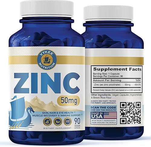 Vykee Nutrition Zinc  Suplemento diario de bienestar  Nutre tu piel para un brillo radiante  Apoyo inmunológico y mejora la digestión  180 cápsulas