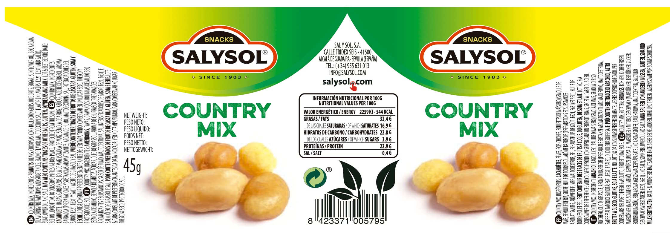 SALYSOL Country Mix Cacahuetes Habas Garbanzos Bola de Maíz Aceite de Girasol Snacks Envasados al Vacío