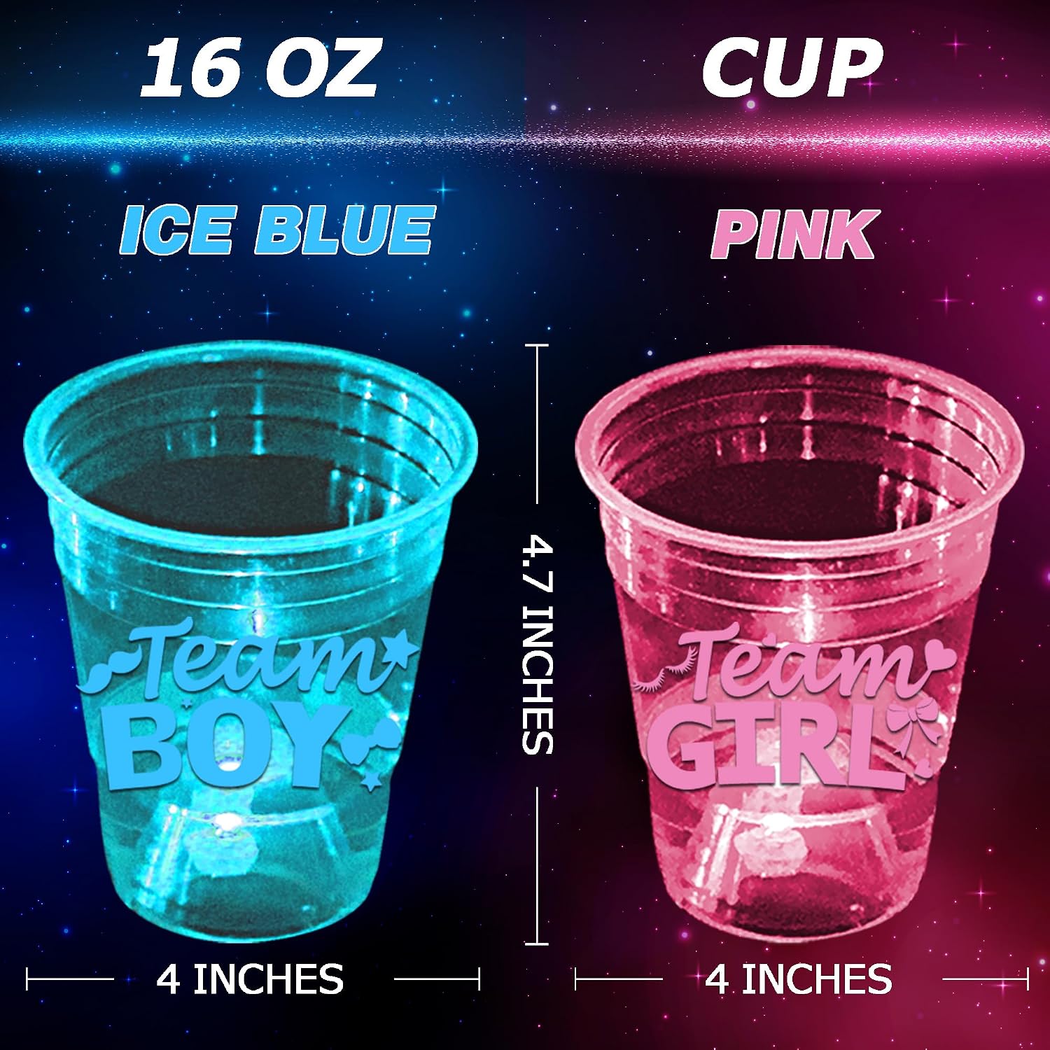 mishunyus 40-Pack Glow in the Dark Gender Reveal Cups - Team Boy & Girl Baby Shower Party Supplies (20 Blue + 20 Pink) 16 oz Plastic Cups for Gender Announcement Party Decorations