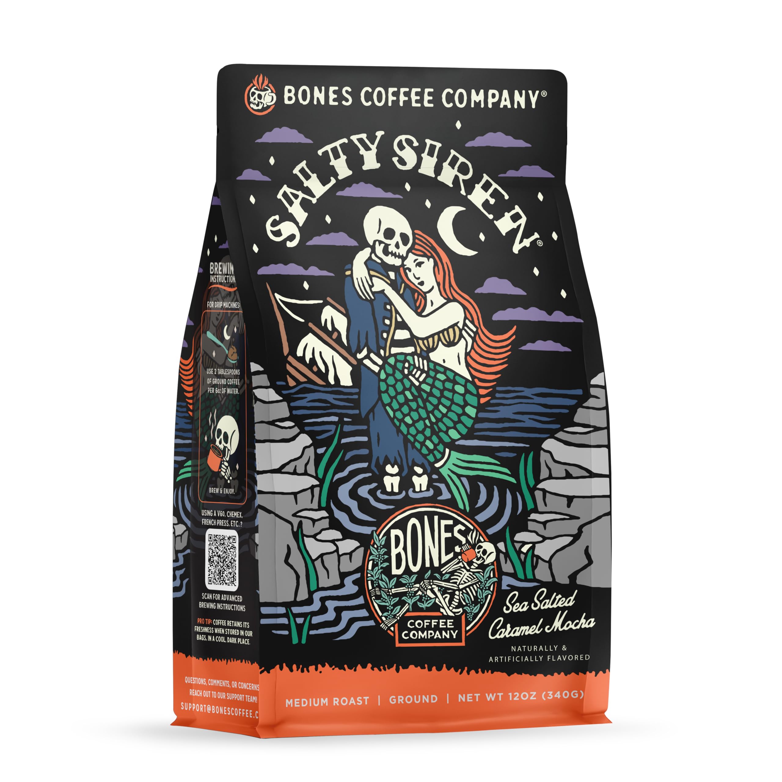 Bones Coffee Company Salty Siren Ground Coffee Beans Caramel Chocolate Flavor | 12 oz Flavored Coffee Gifts Low Acid Medium Roast Gourmet Coffee Beverages (Ground)
