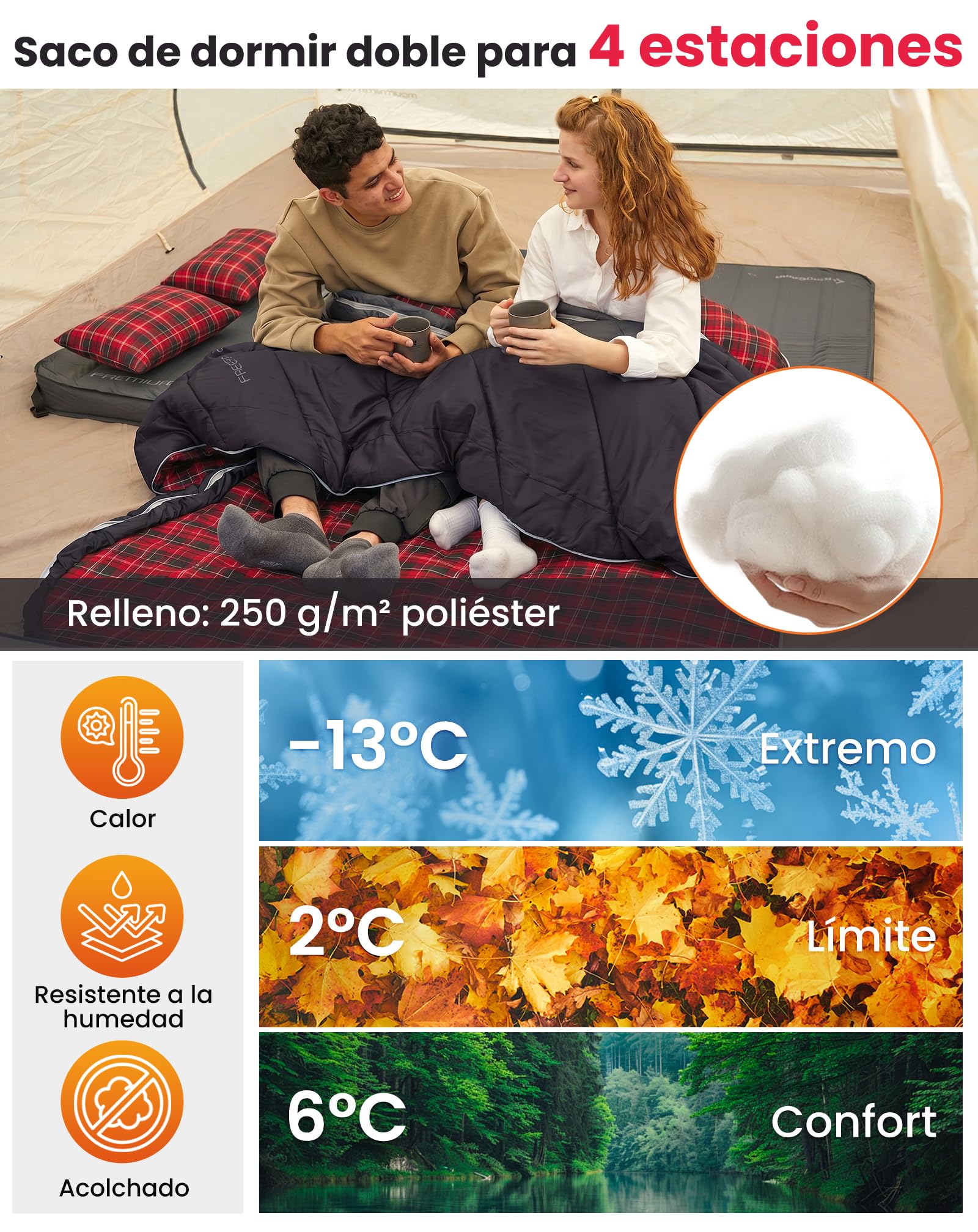 KingCamp Saco de Dormir Doble de Franela de algodón para 2 Personas - Abrigado para Invierno, 3-4 Estaciones, Incluye 2 Almohadas - Ideal para Camping, Viajes y Actividades al Aire Libre