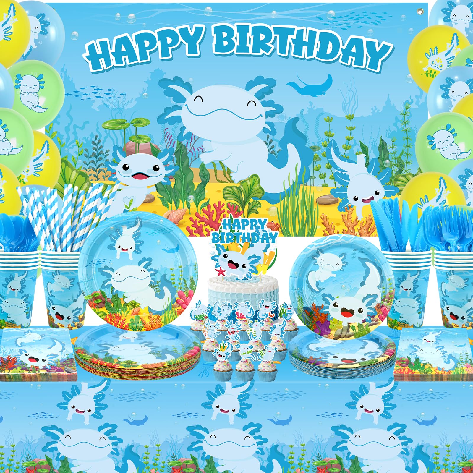 KEFAN Blue Axolotl Birthday Party Decorations, Axolotl Theme Party Tableware Supplies including Backdrop, Plates, Cups, Napkins, Tablecloth, Balloons