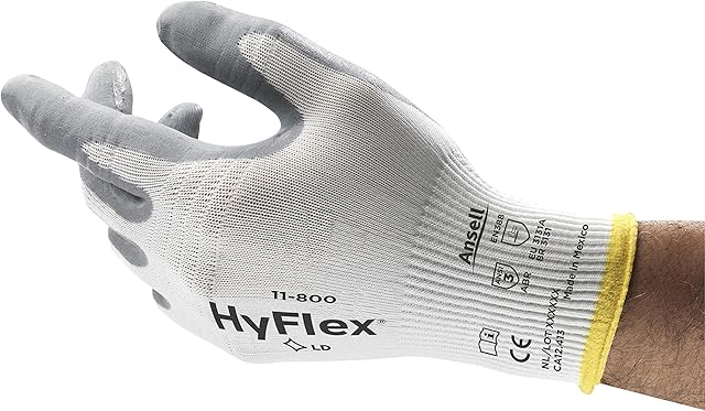 Ansell HyFlex 11-800 Professional Work Gloves, Abrasion Resistant Nitrile Coating with Firm Grip, Multipurpose Protection Gloves, Mechanical and Industrial Safety, White, Size XS (12 Pairs)