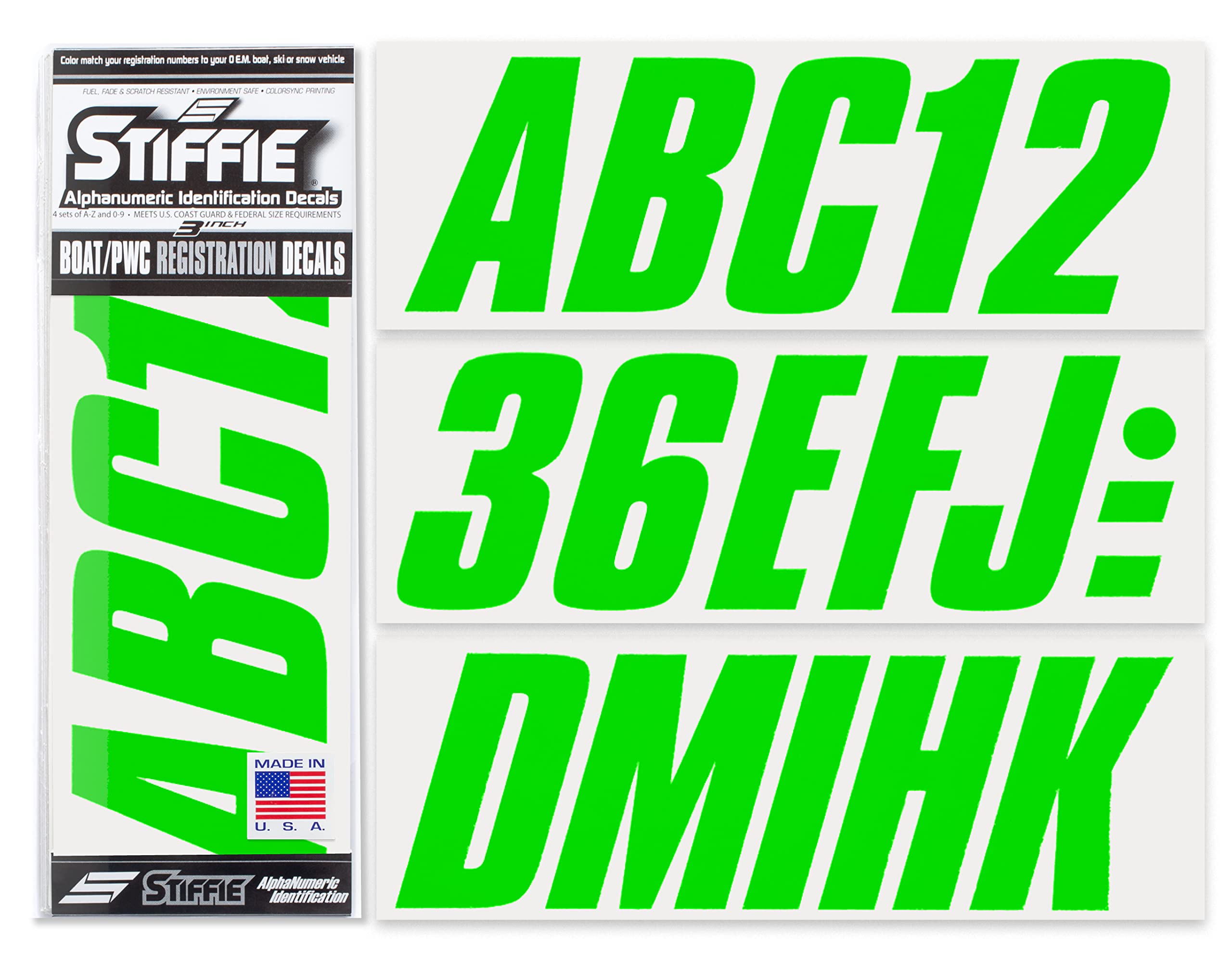 Stiffie Shift Electric Green 3" ID Kit Alpha-Numeric Registration Identification Numbers Stickers Decals for Boats & Personal Watercraft