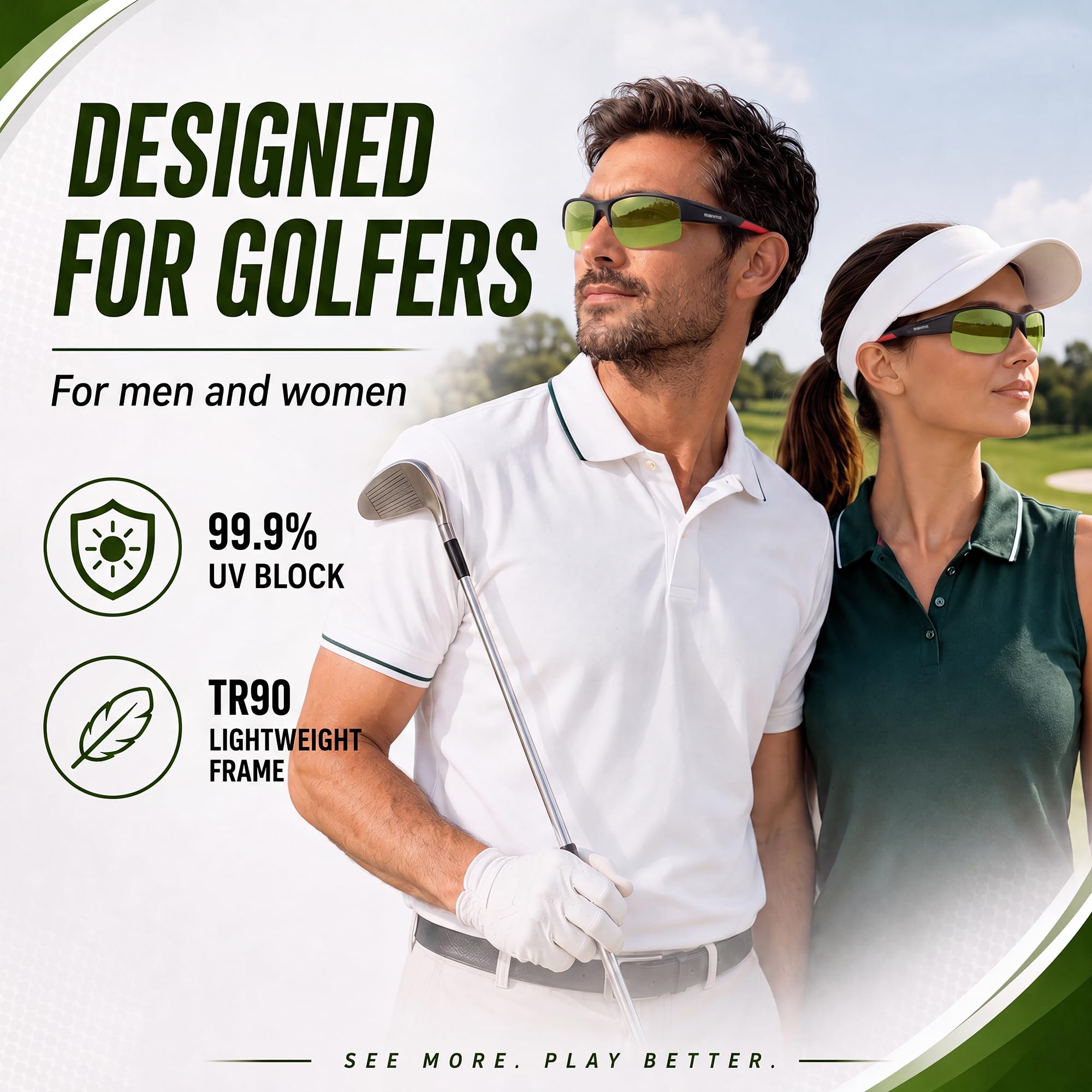 MAIVNZ Okulary do golfa o wysokiej rozdzielczości dla mężczyzn kobiet okulary golfowe sportowe okulary przeciwsłoneczne (czarna oprawka, zielona soczewka golfowa)