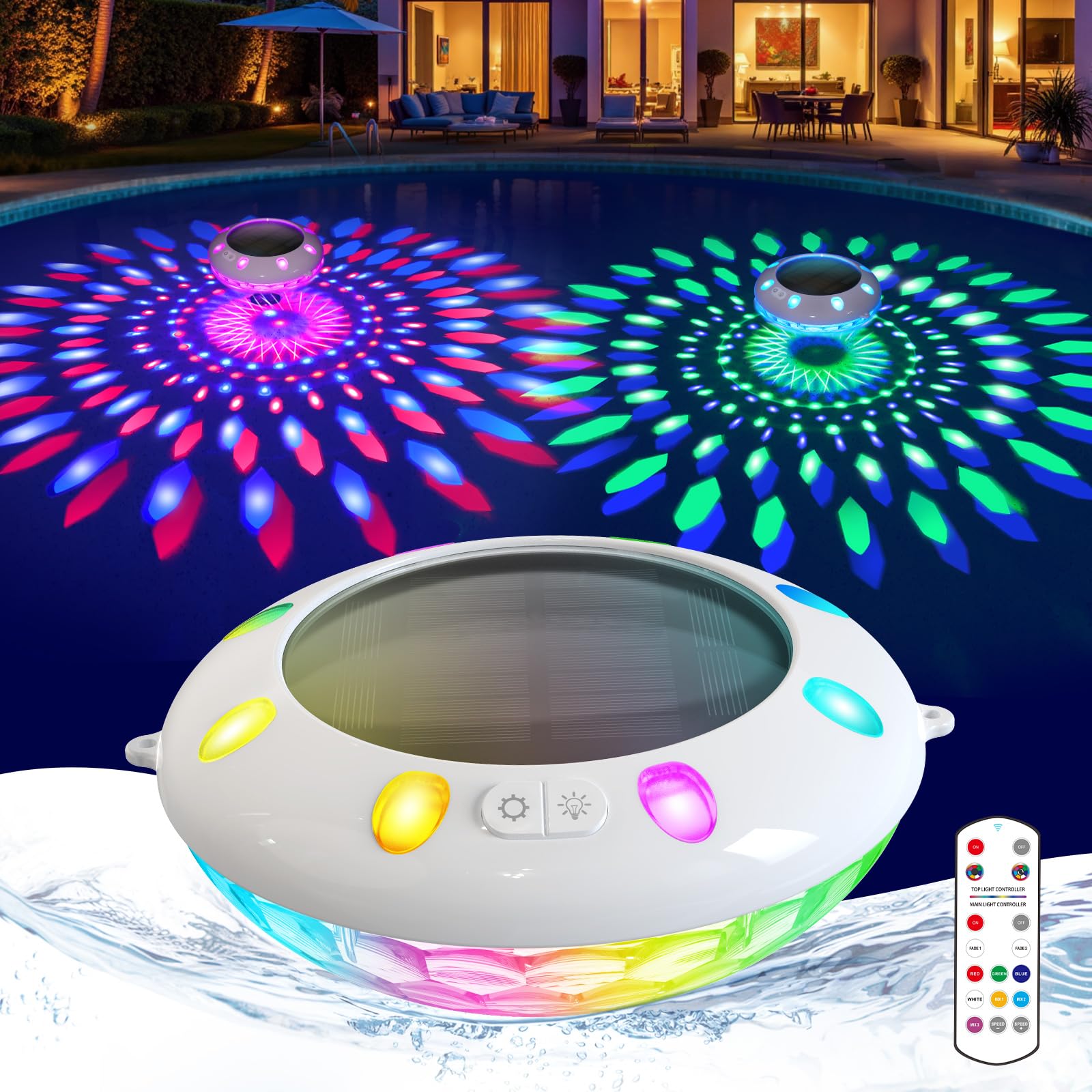 Luces solares LED impermeables para piscina con iluminación dinámica multicolor
