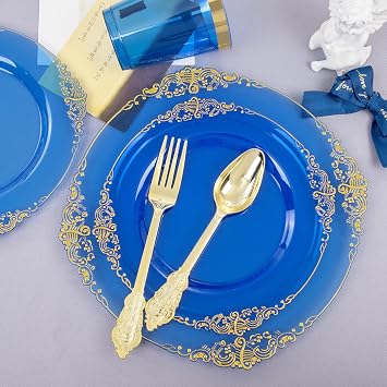 Nervure 350PCS Blue Plastic Plates - 400PCS Pre Rolled Gold Plastic Silverware Sets for Wedding & Party