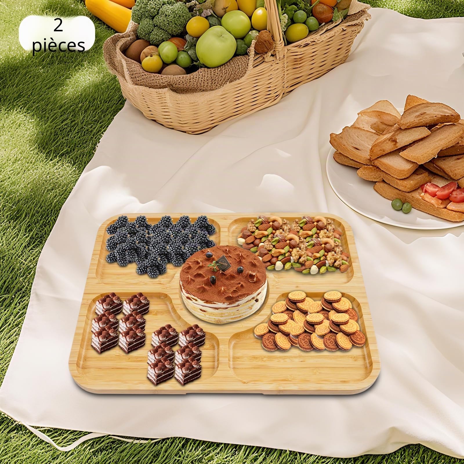 Lot de 2 planches à charcuterie avec couvercle - Planche à fromage portable avec 6 compartiments en bambou et acrylique - Pour cuisine, pique-nique, fête, goûter, 35 x 28 cm - Bois naturel