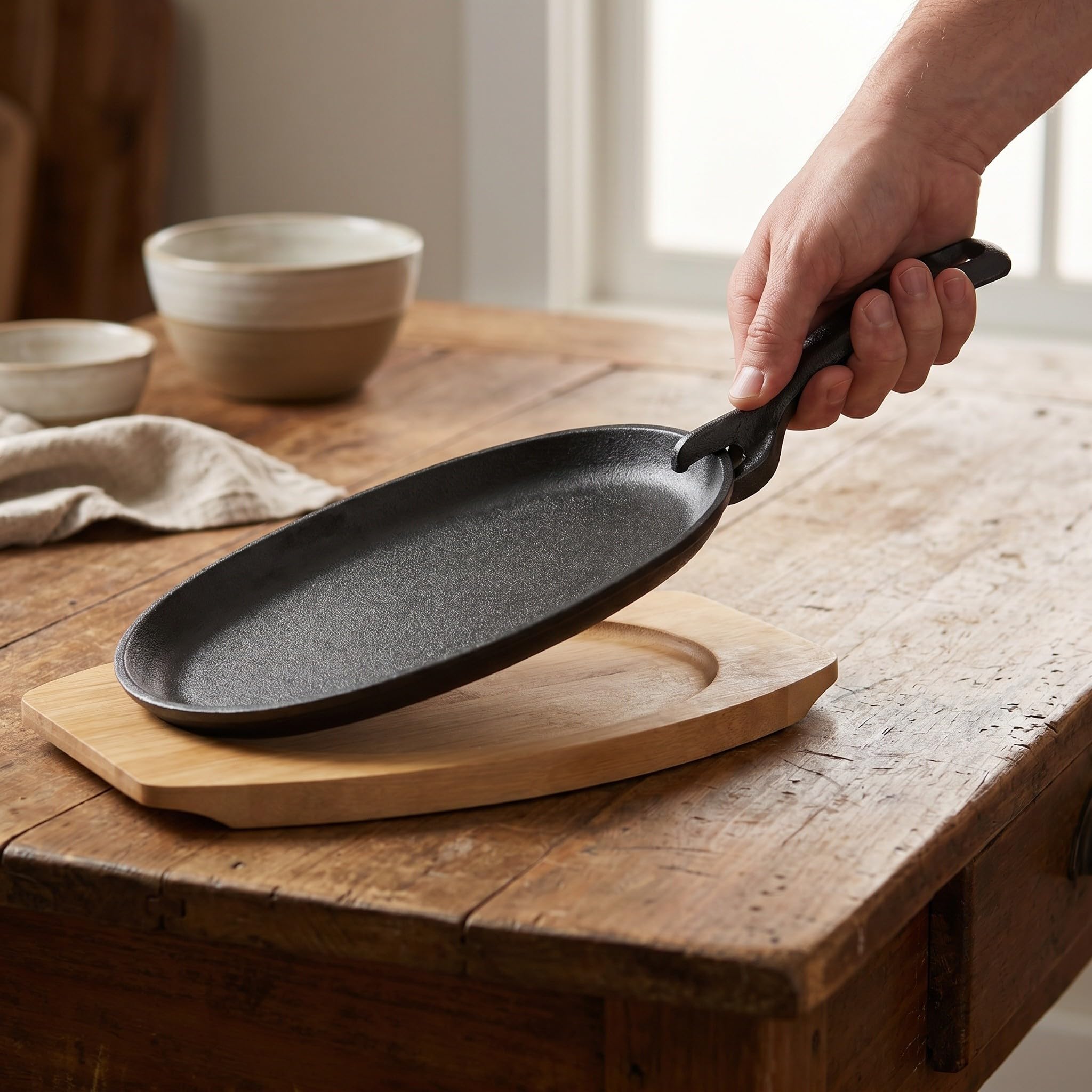 Operitacx Plaque de cuisson pour fajitas : Poêle à fajitas avec base en bois - Poêle ovale - Plaque de service et support pour teppanyaki, idéale pour les restaurants et les barbecues.