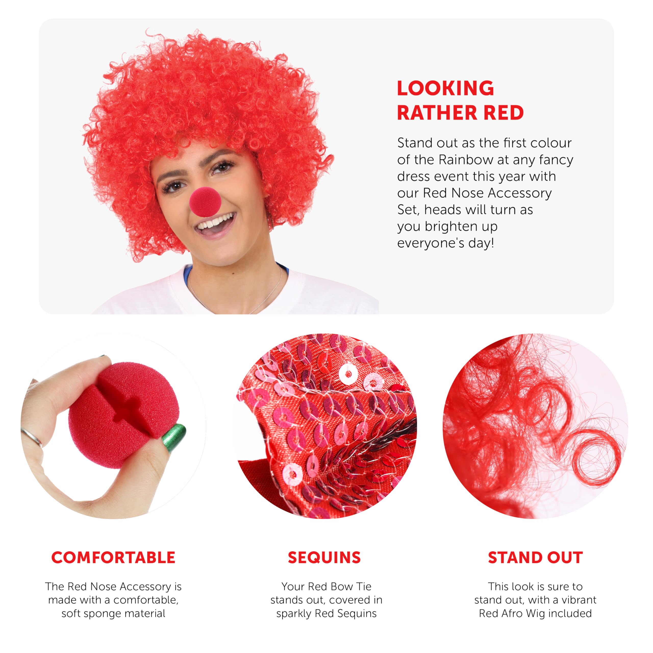 Red-Nose-Kostüm-Set – Mit Afro-Perücke, Schaumstoffnase, Pailletten-Fliege & Hosenträgern – Ideal Für Red Nose Day Oder Partys