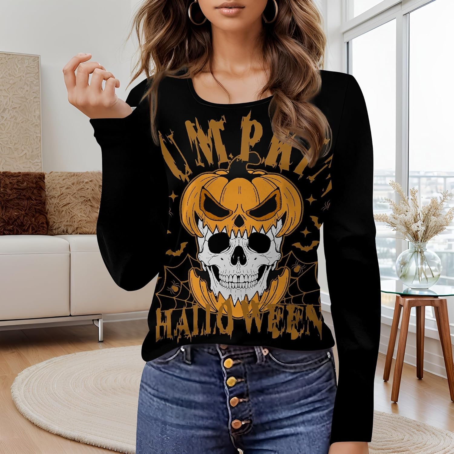 Halloween Sweatshirts For Women Cute Pullover Fall Long Sleeve Pullover U-Neck Halloween Crazy Party Club Clothes - Image 2