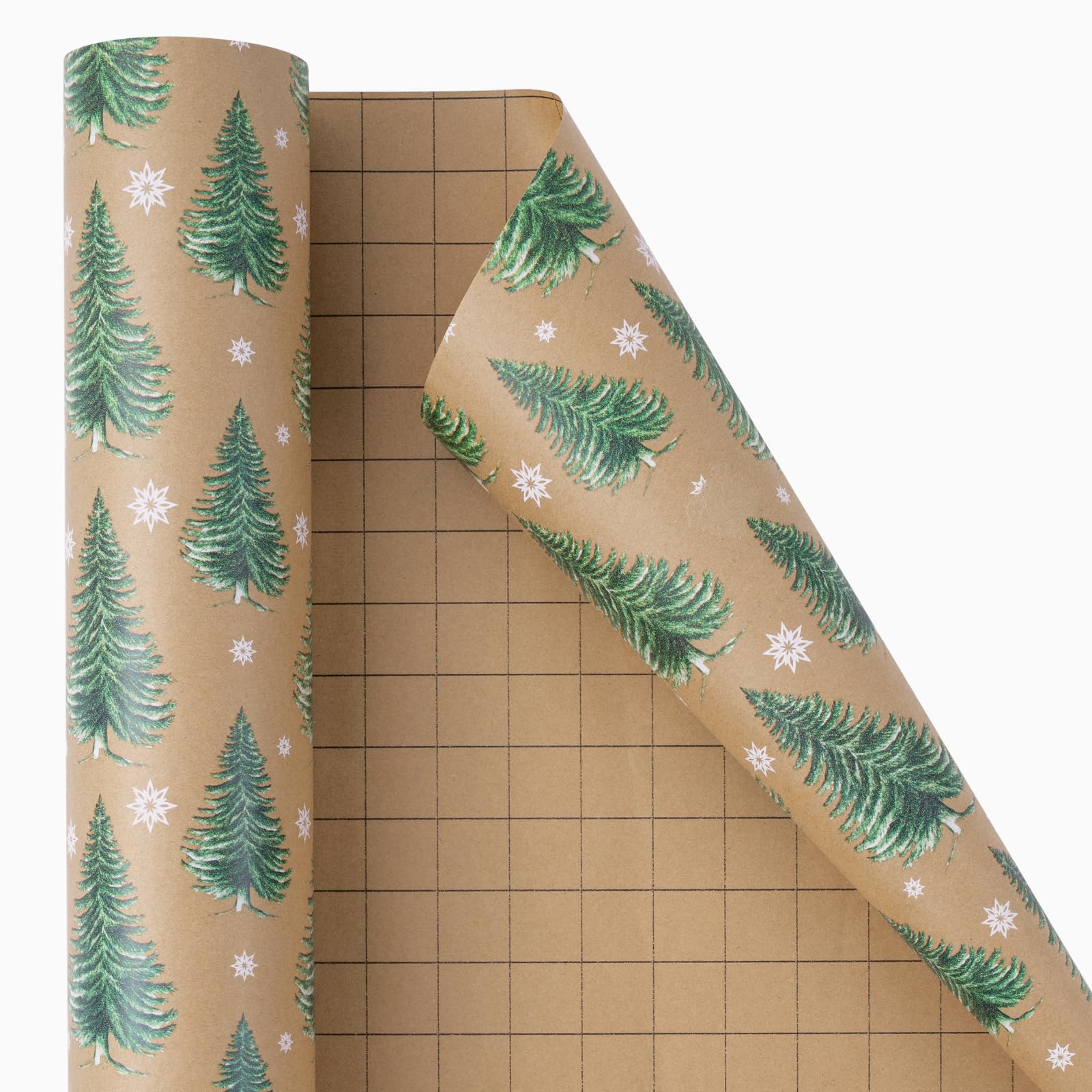 RUSPEPA Carta da regalo natalizia, rotolo di carta kraft, motivo albero di Natale e fiocco di neve, per confezioni regalo festive, 61 cm x 30 m