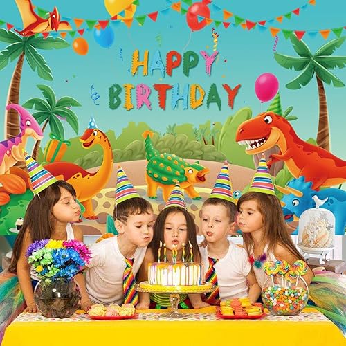 Miniatura 3 de Renaiss Telón de fondo de fiesta temática de dinosaurios de 8 x 6 pies, globos de flores tropicales, palmeras, fondo de fotografía para niños,