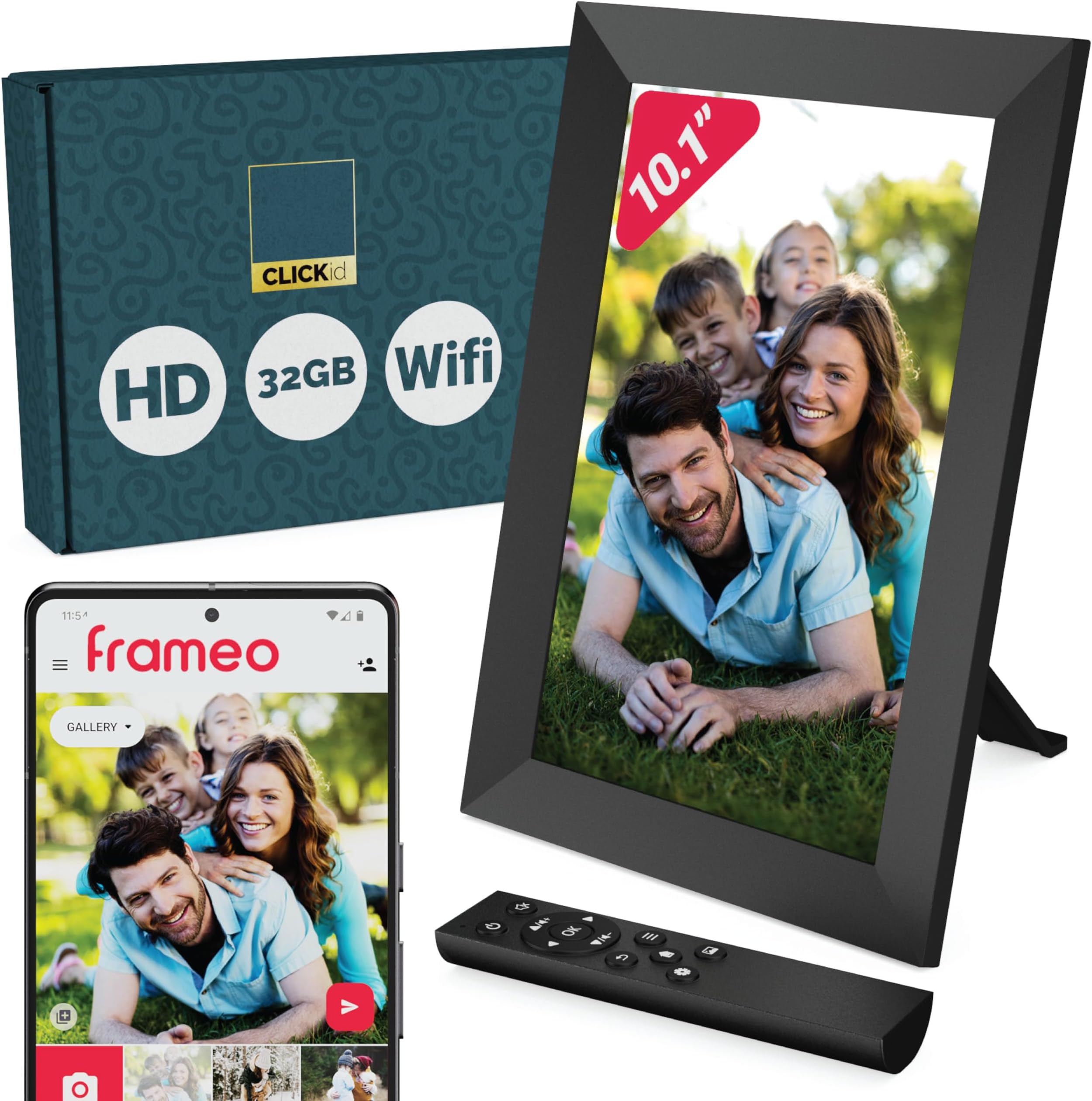 Frameo wifi Digital Photo Frame 10.1 inch | 32GB Storage, Touchscreen, Auto Rotate, Motion Sensor, Standby Features | Weather and Calendar Widgets | Memory Card Slot, Remote Included | CLICKid SNAP10