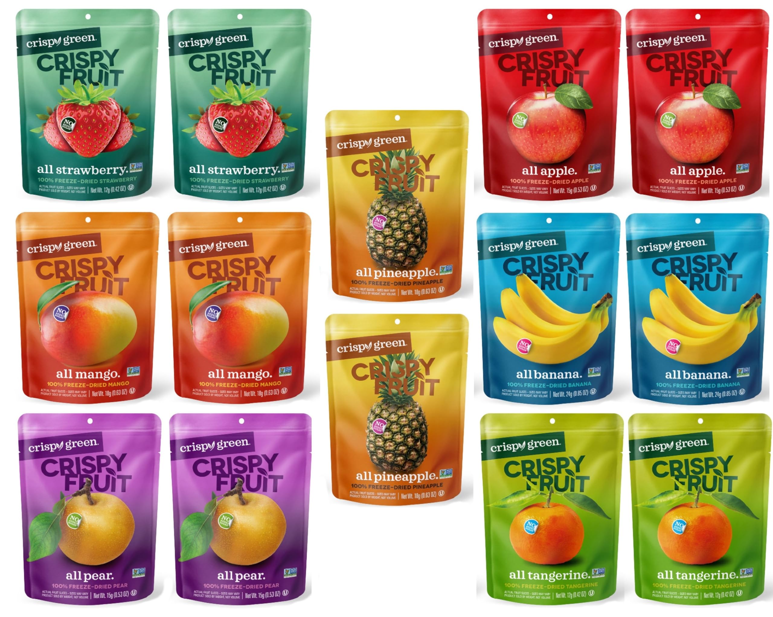 Crispy Green Freeze Dried Fruit Crisps Variety Pack (14 count) – Apple, Asian Pear, Banana, Mango, Strawberry, Pineapple and Tangerine