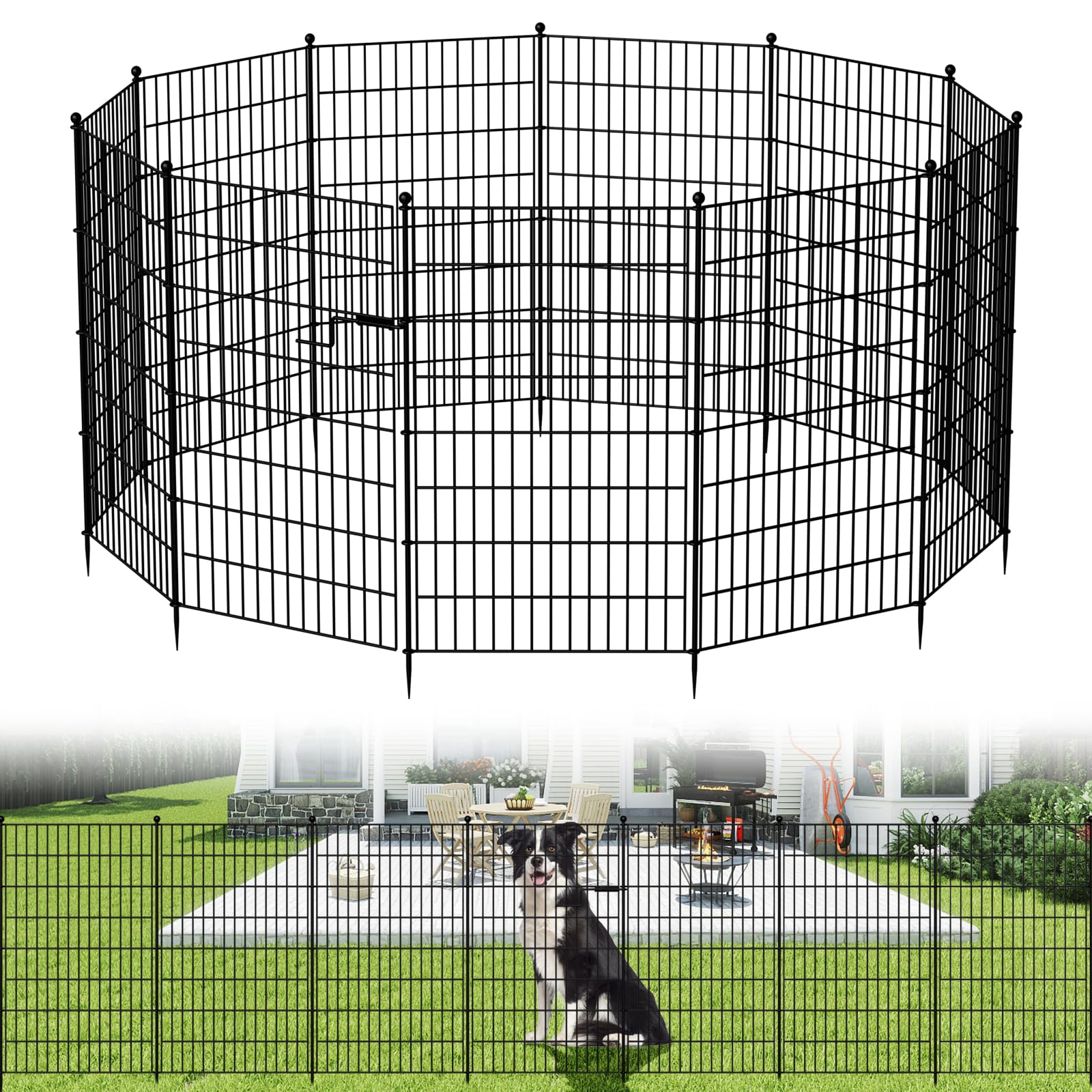 SUNYRISY 13 Panels Metall Gartenzaun Steckzaun 100cm H | 8,5 m L Hundezaun Mit Tür, Hühnerzaun Mobiler Zaun für Haustier, Tierbarriere, Bordüre für Hof, Terrasse, Keine Graben