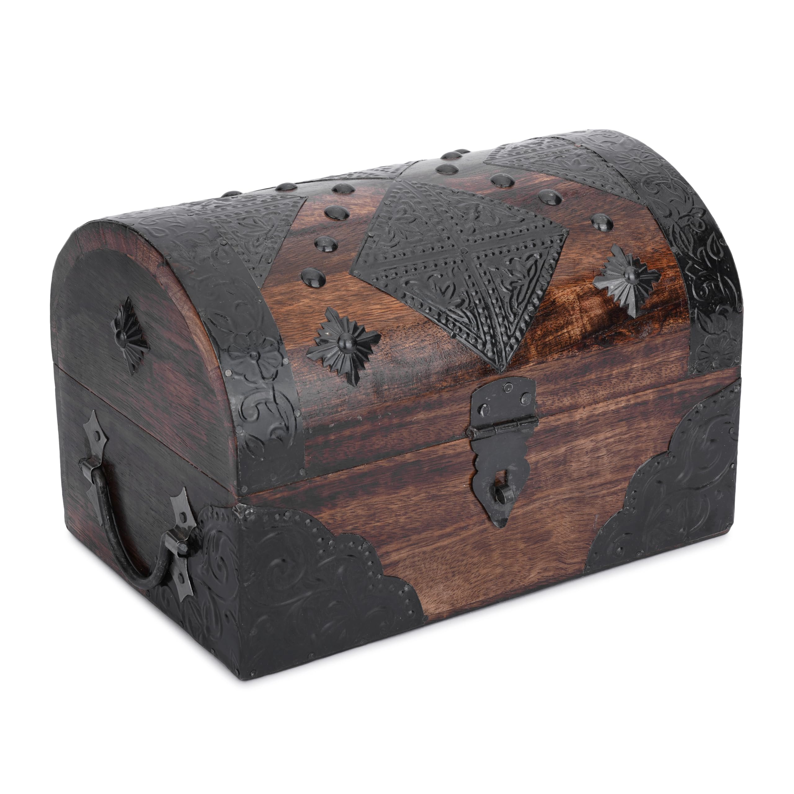 Ajuny Brown Handcrafted Wooden Pirate Treasure Chest Jewelry Box Multipurpose Vintage Shell Strips Keepsake Trinket Storage Case Holder Necklace Earring Organizer Gift, 9X6 Inch