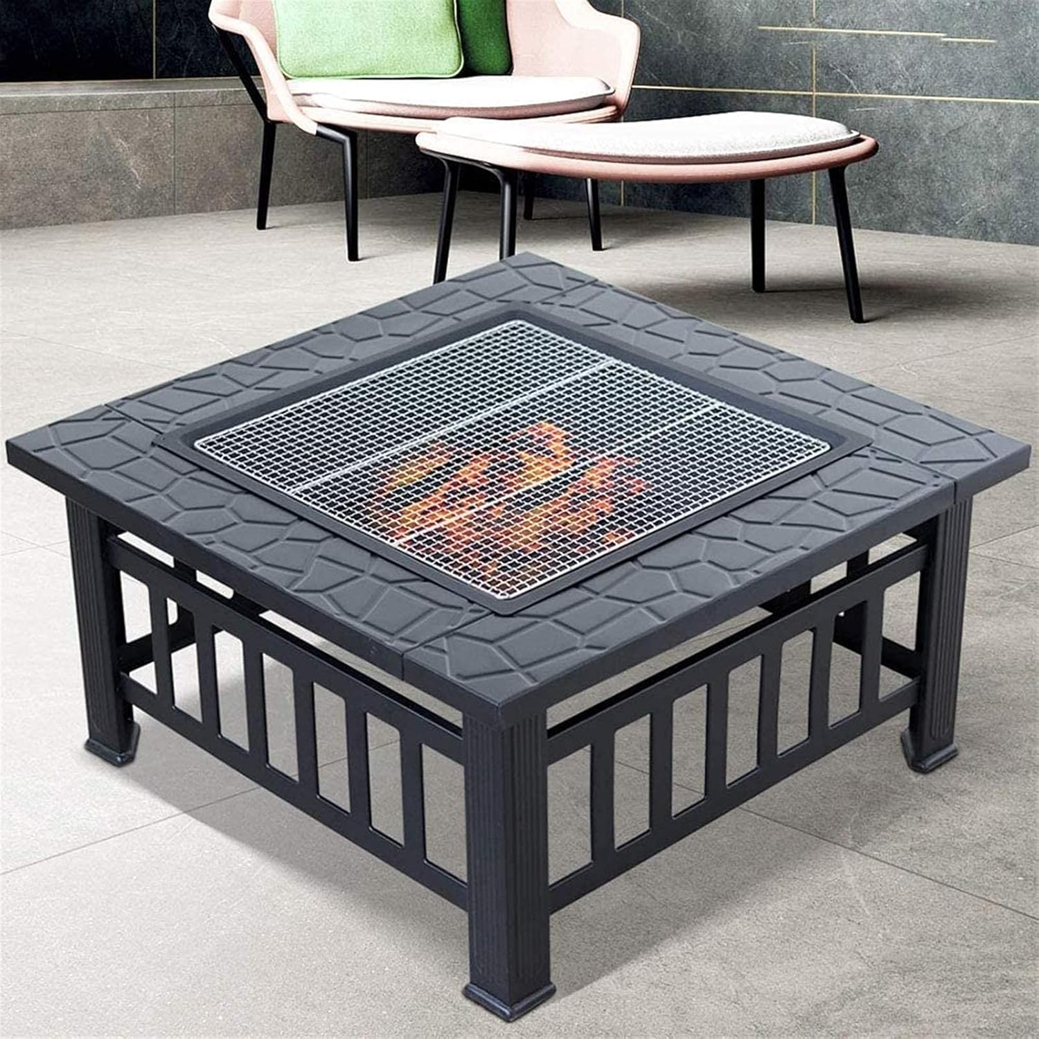 Garden Fire Pit Grill Bowl Grill Barbecue Rack Fire Pit Table with BBQ Grill Shelf, Square Firepit for Barbecue Heater, Ice Pit, Metal Brazier for Patio Outdoor, with Waterproof Cover Fire Pit