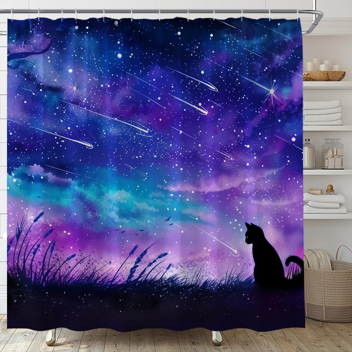 Galaxy Black Cat Shower Curtain Blue Purple Starry Sky Night Animal Shooting Stars Kitty Plant Fantasy Nature Bathroom Curtain Set with Hooks(91" Wx70 H)